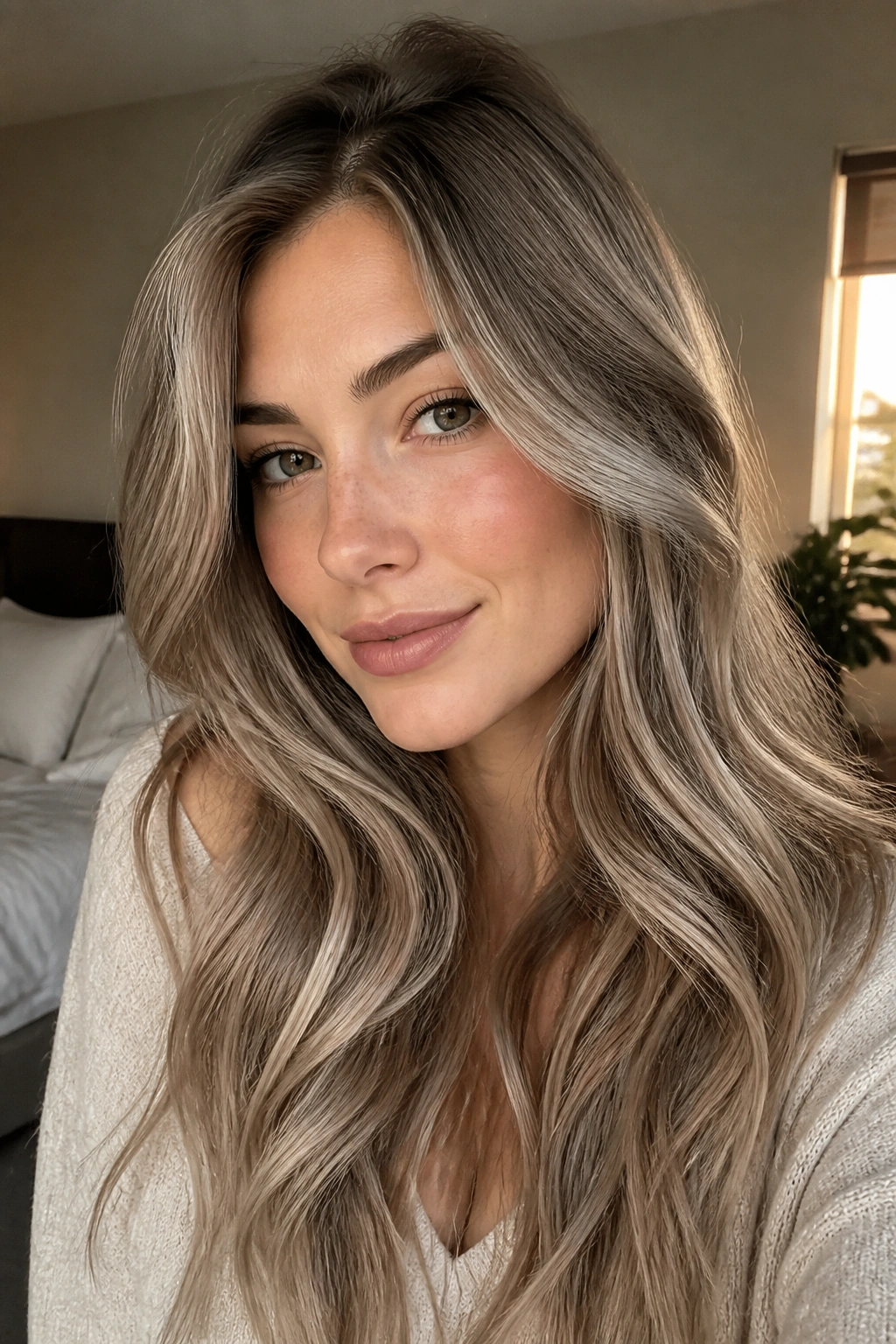 Close-up portrait of real woman with silver mushroom bronde hair