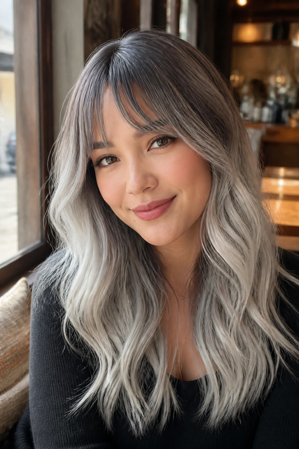 Close-up of a real person with silver ombré and bottleneck bangs