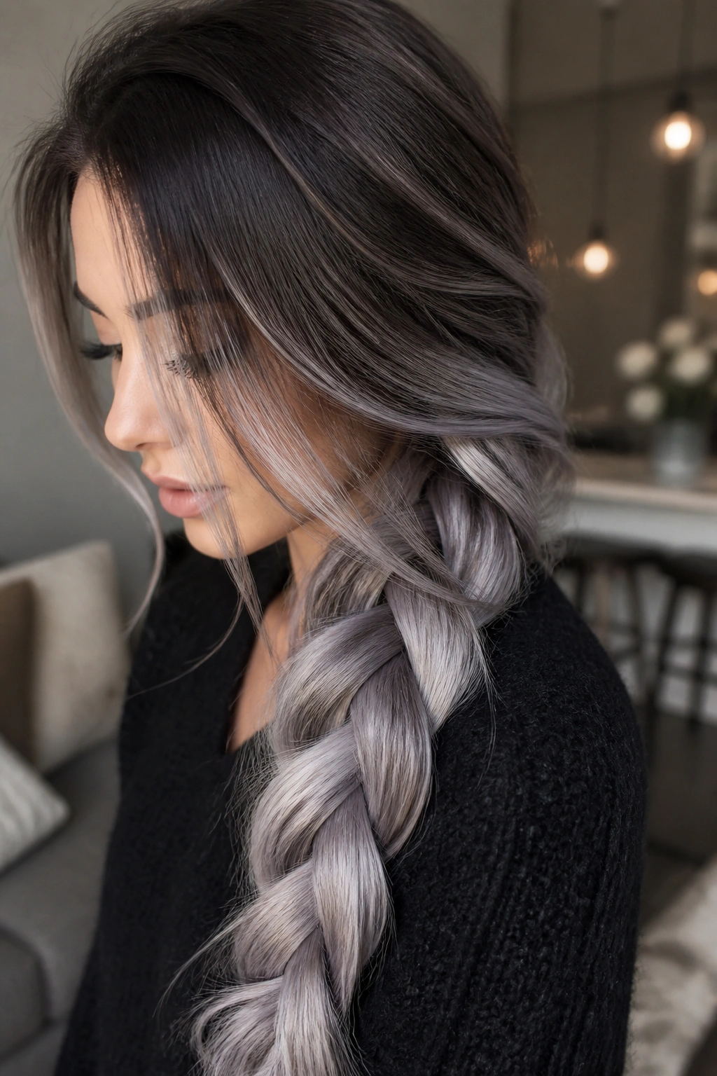 Portrait of a real woman with brunette base and silver ombre braided for dimension.