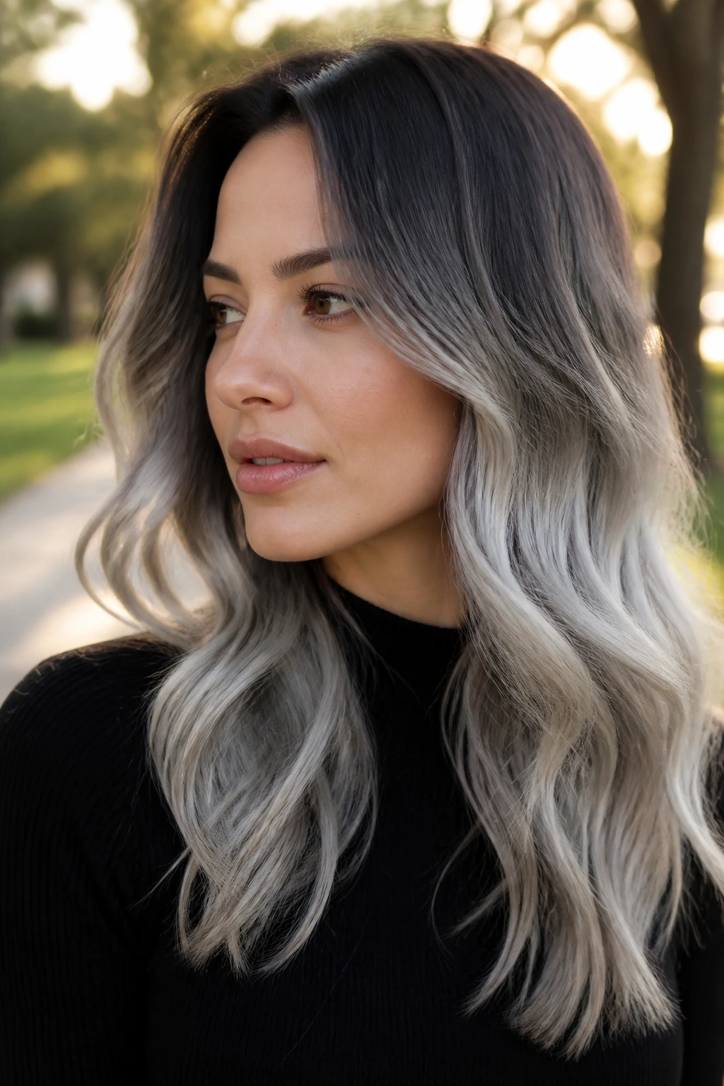 Close-up of a real person with silver ombré fading into charcoal hair