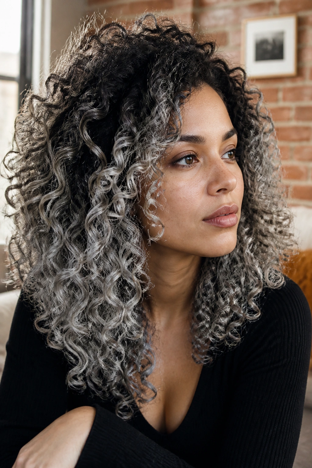 Close-up of a real person with smoky silver ombre on curly hair in natural daylight