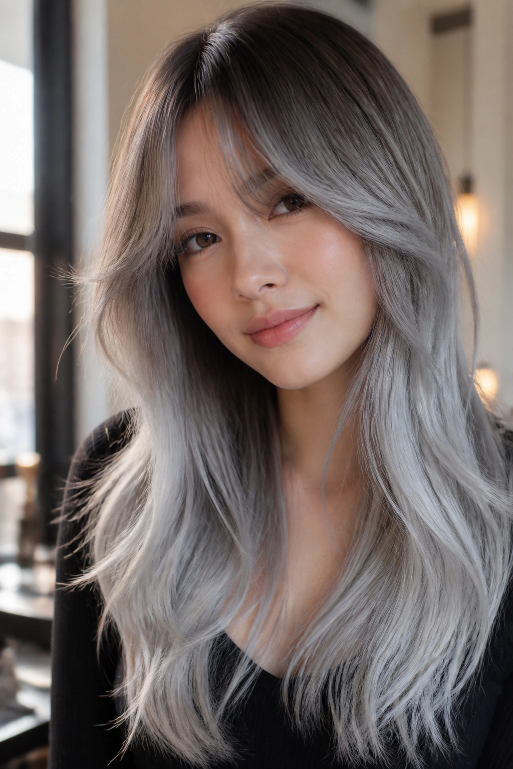 Close-up of woman with curtain bangs and silver ombre