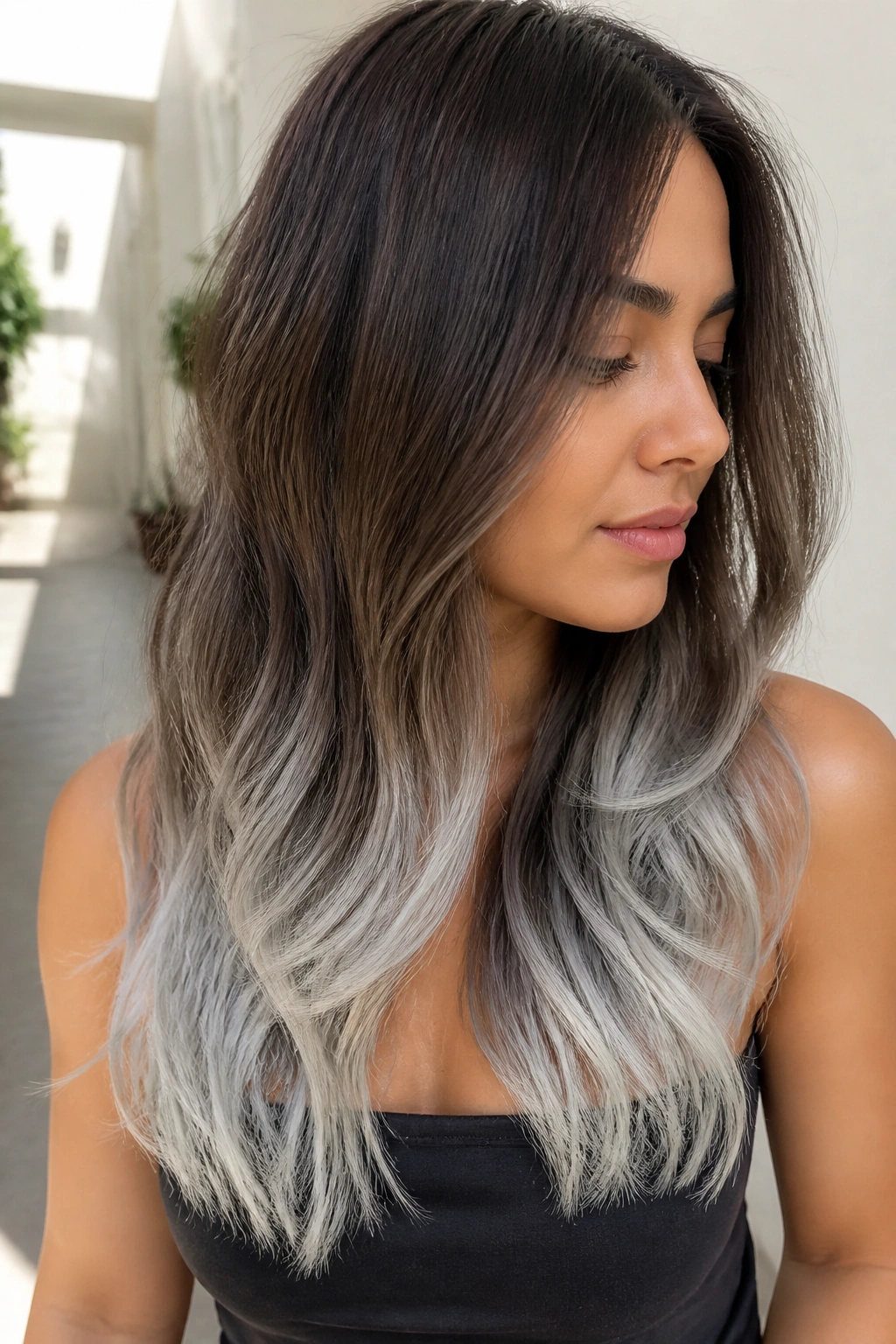 Real person with silver ombré ends on brown-to-platinum gradient