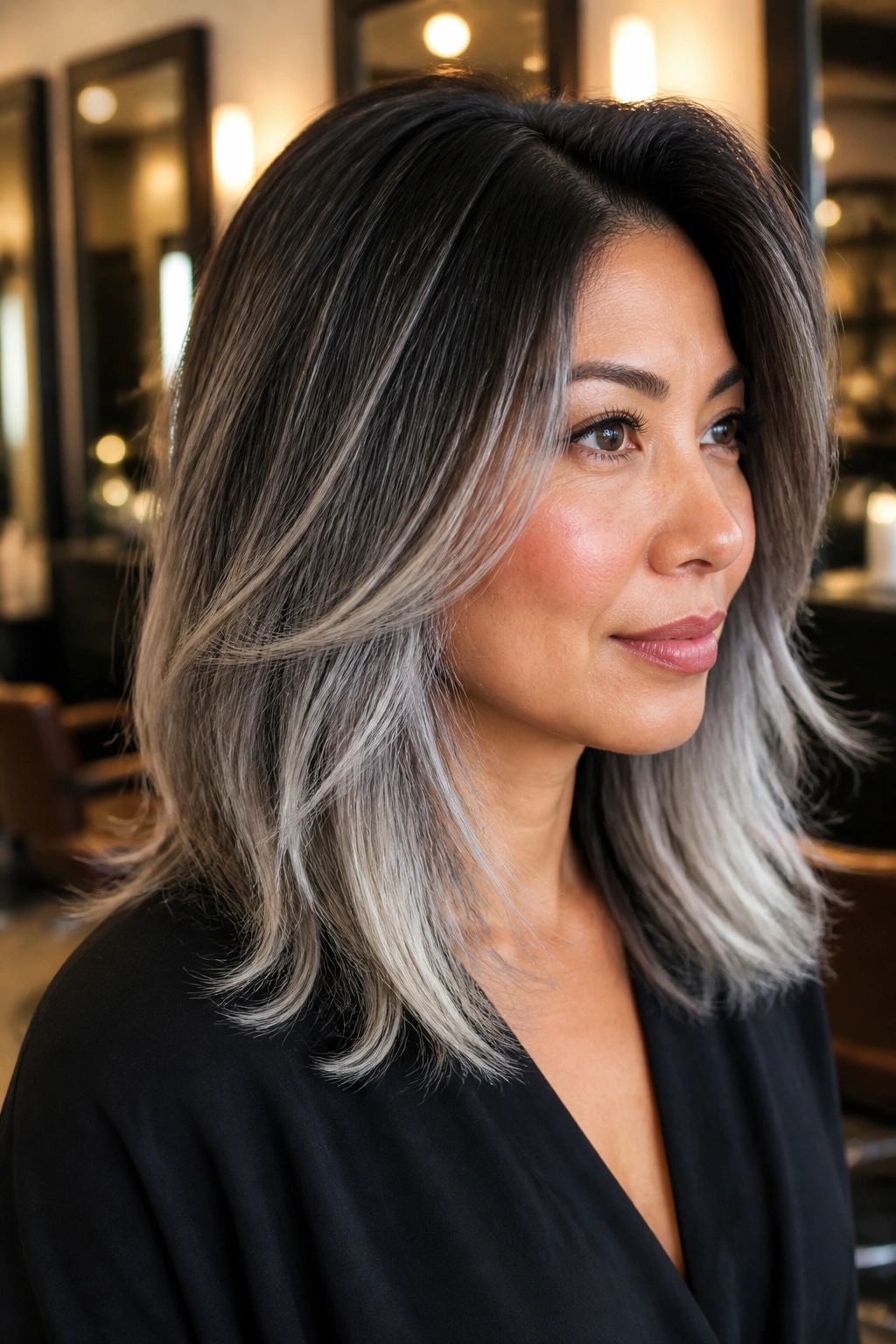 Portrait of a real woman with espresso roots and silver ombré