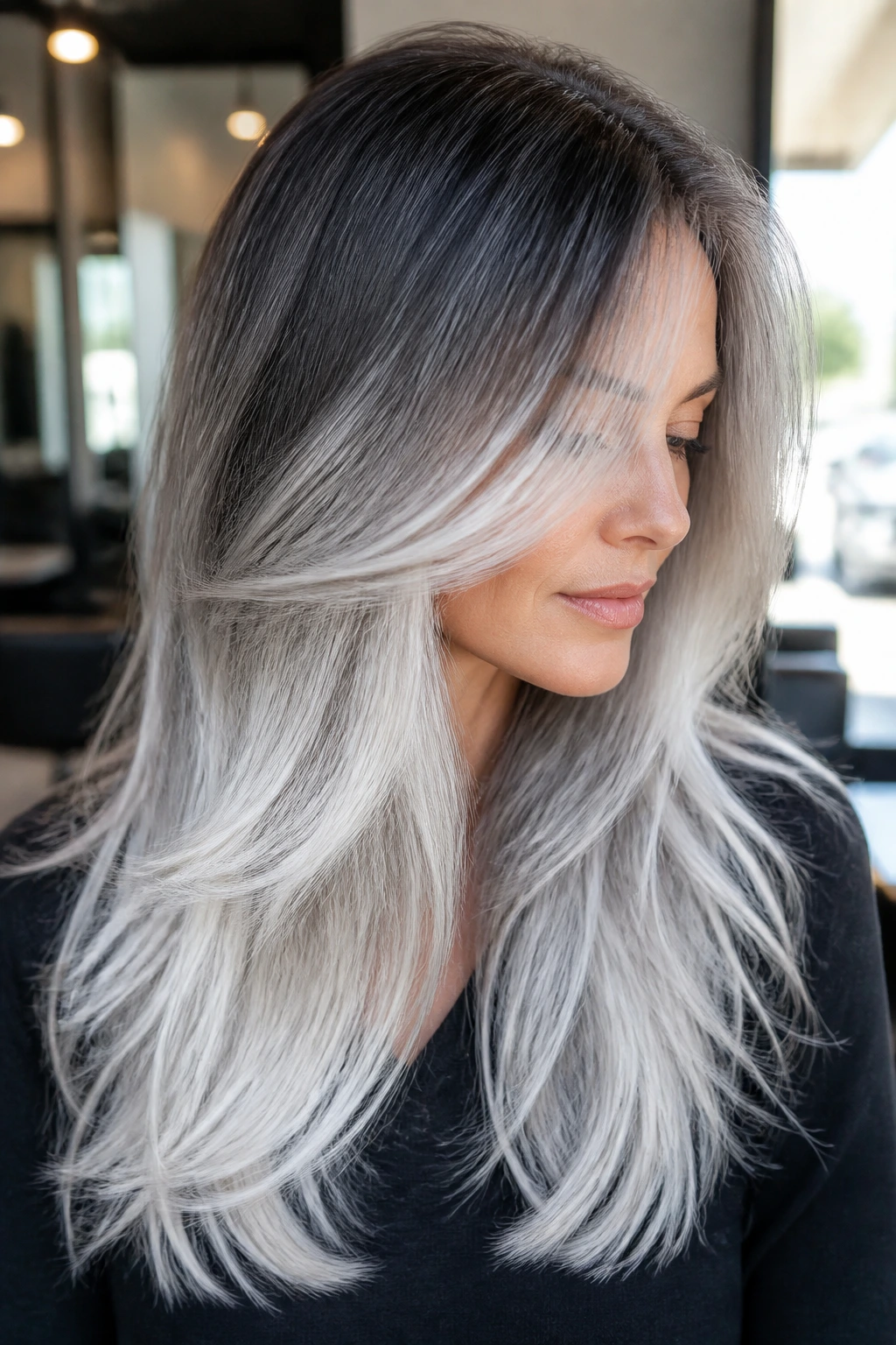 Close-up of a real woman with cool silver ombré on long hair, dark roots fading to silver ends