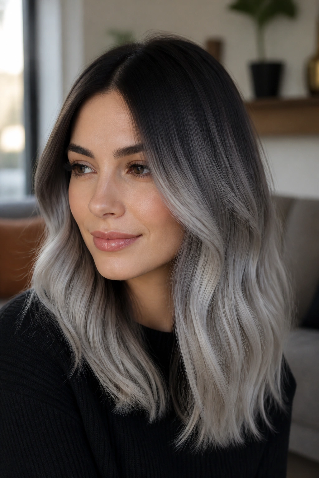 Close-up of silver ombre starting mid-lengths on a real person