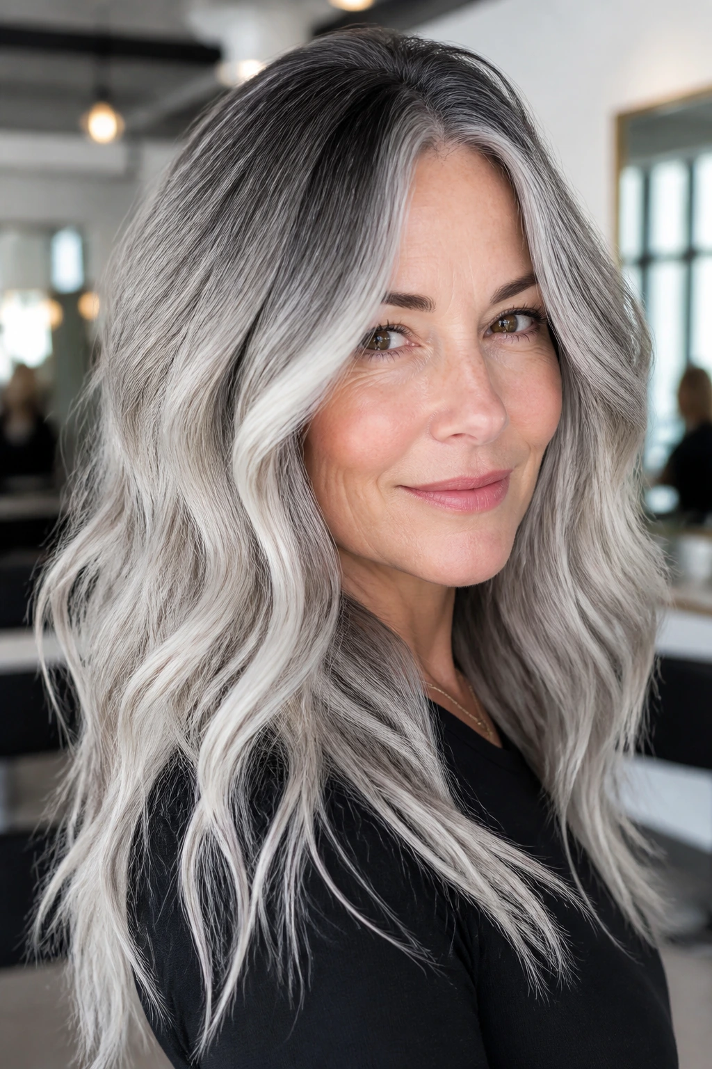 Close-up of a woman with silver ombré hair and waves in a bright salon