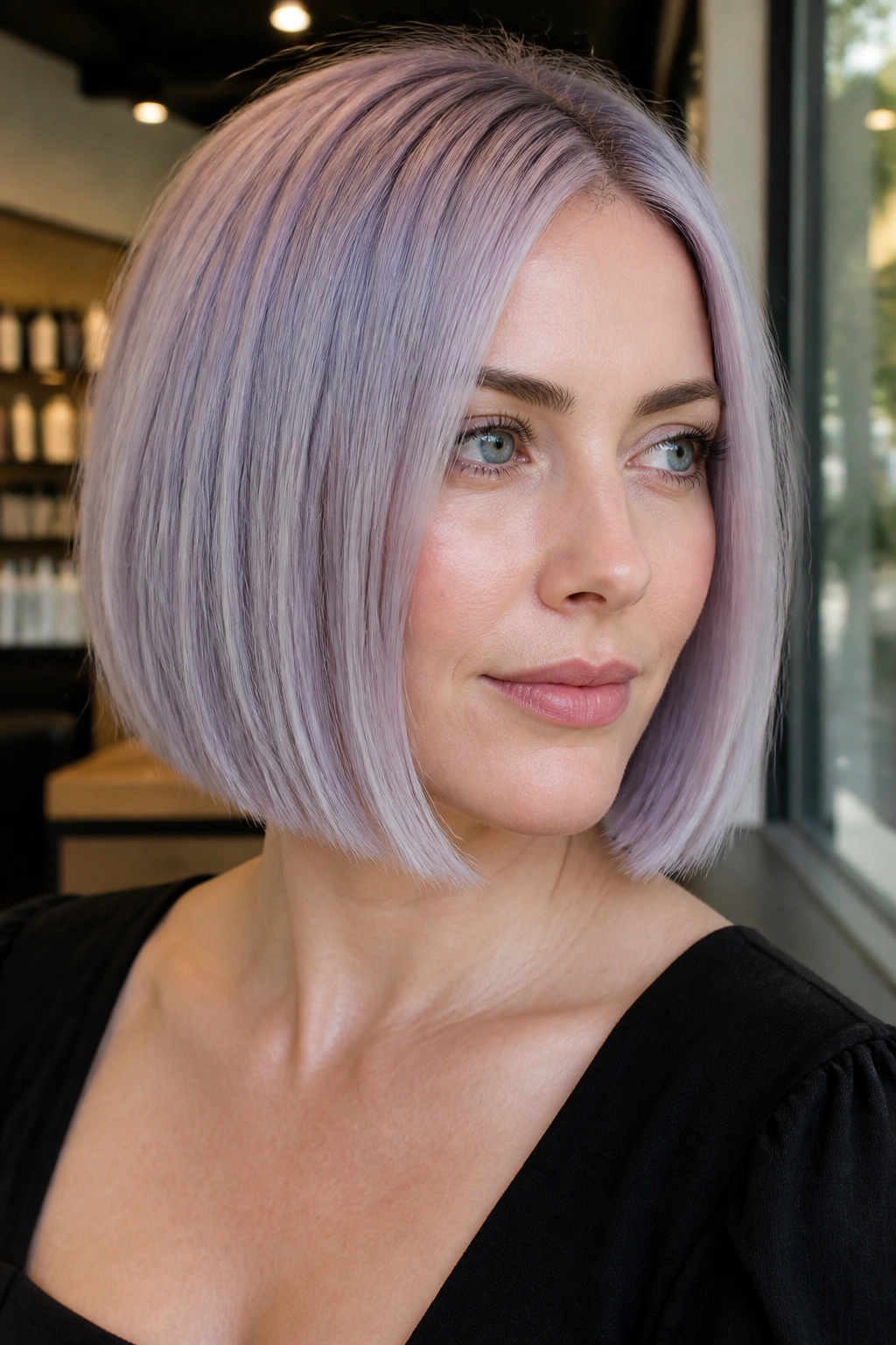 Close-up portrait of a real woman with a silver orchid bob hairstyle.