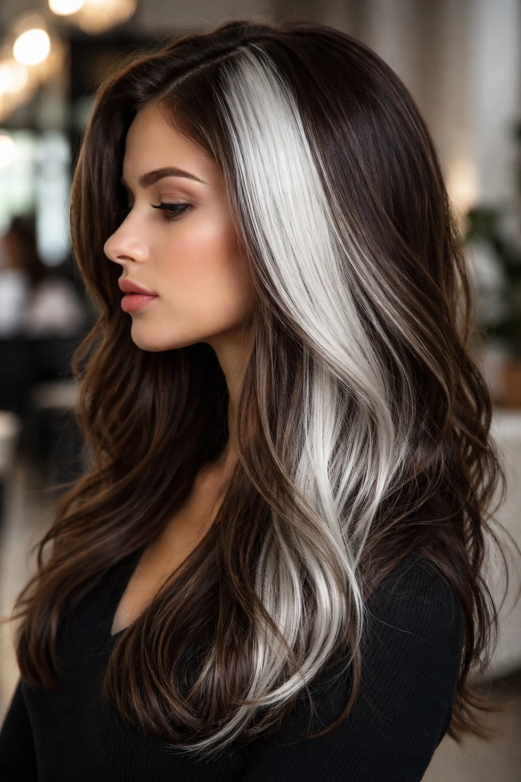 Side-profile of a woman with a silver panel in hair in a chic salon