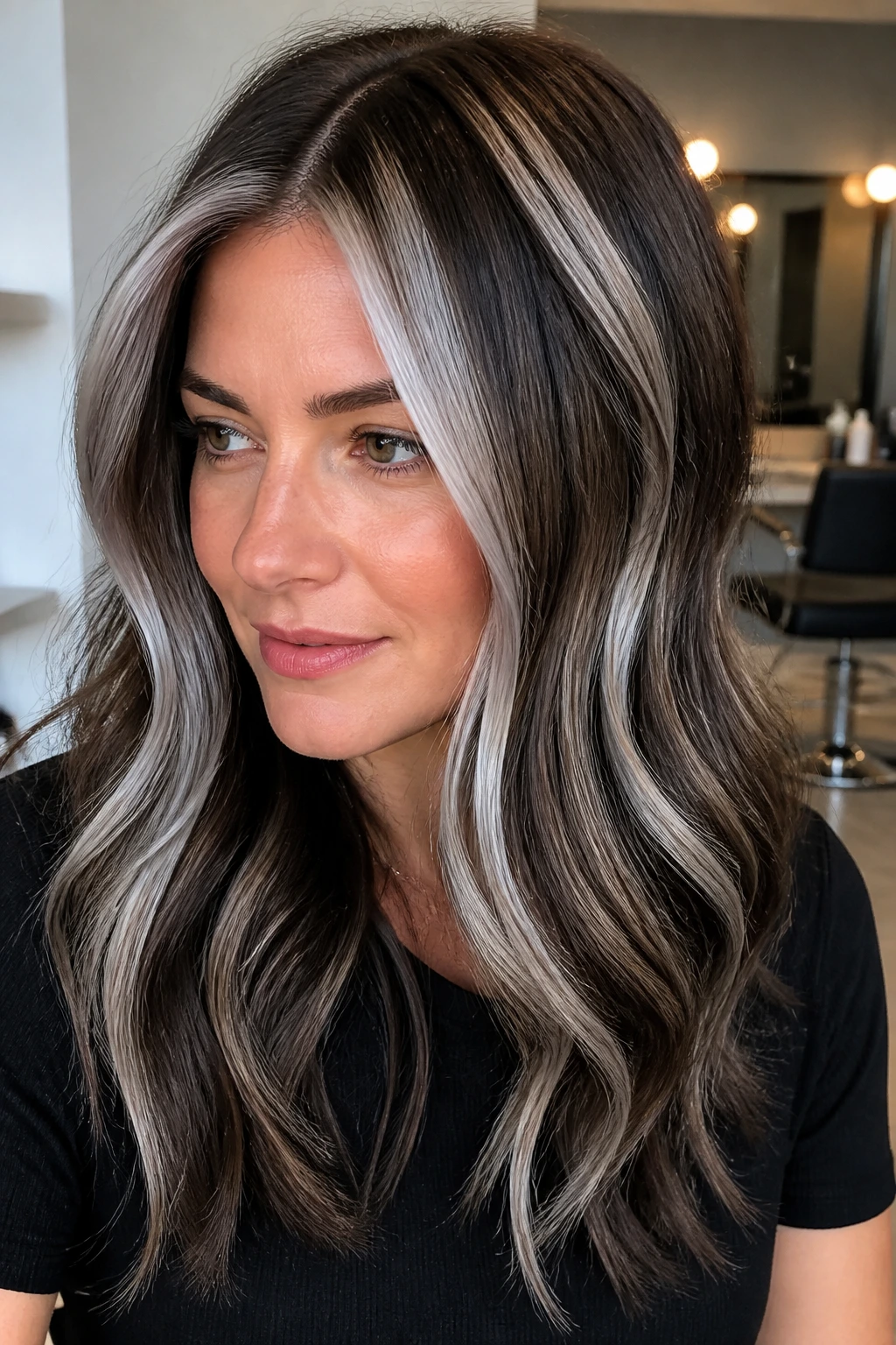 Close-up portrait of a real person with high-contrast silver panels on cool brown hair in a salon