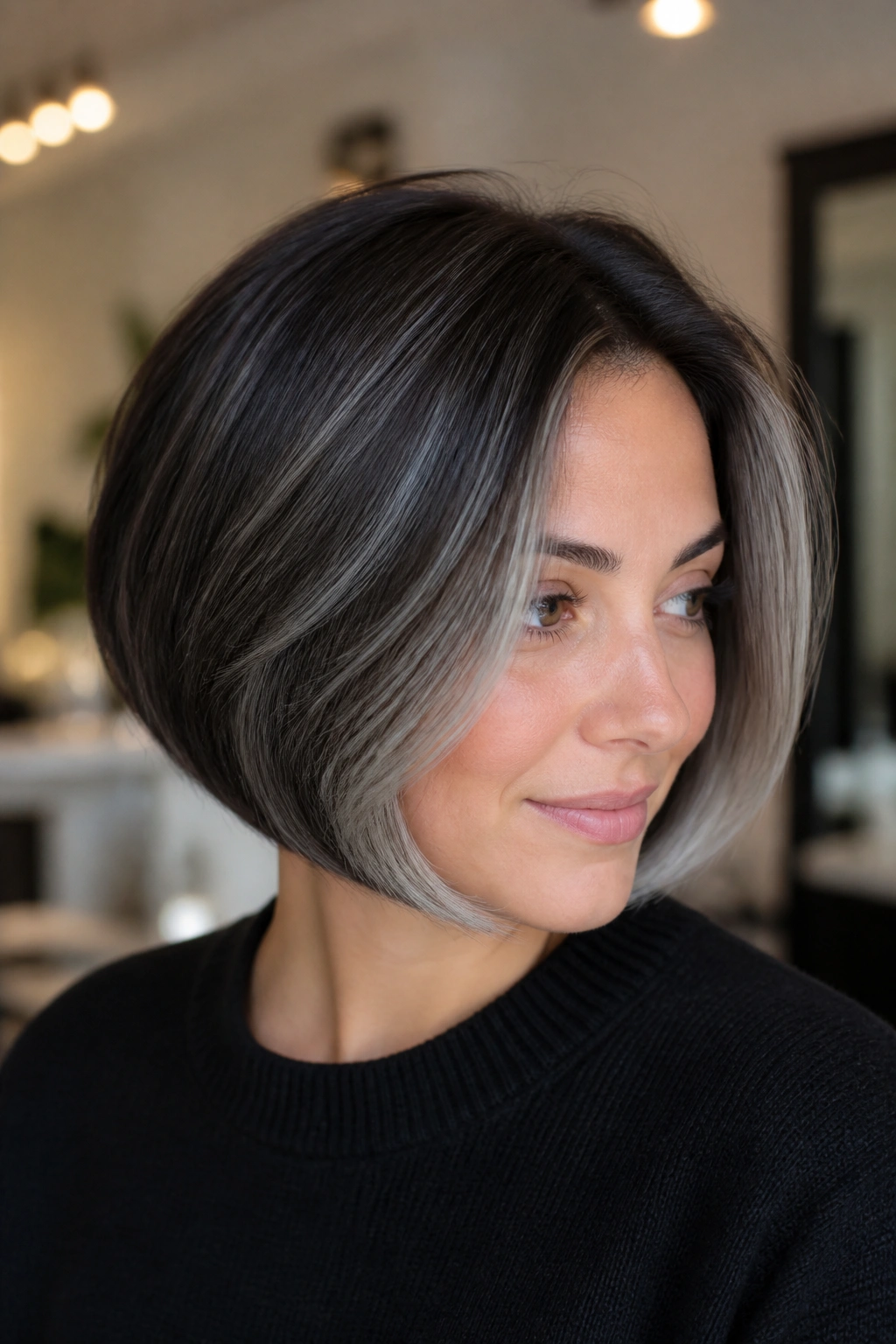 Close-up of rounded bob with silvery panels following the curve from crown to cheek
