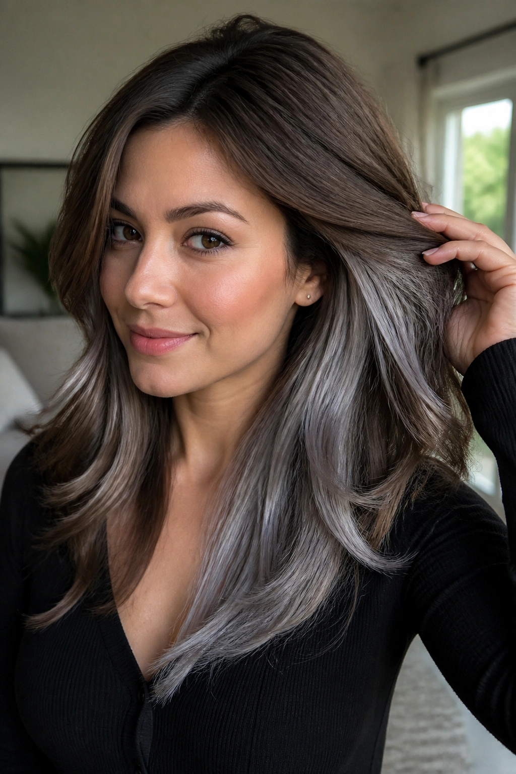 Close-up of real person with silver peekaboo under brown hair