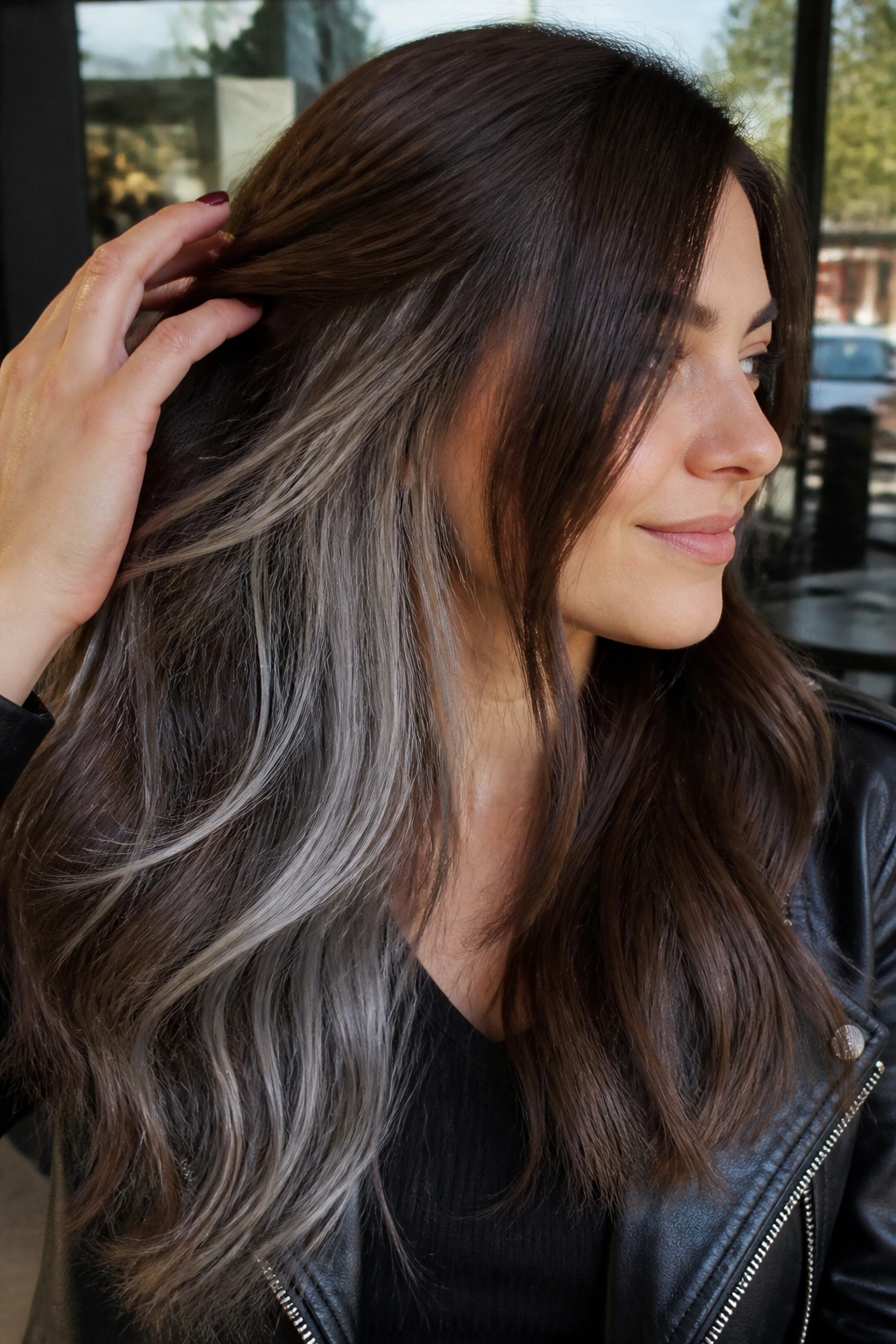Portrait showing hidden silver panels peeking from beneath brown hair