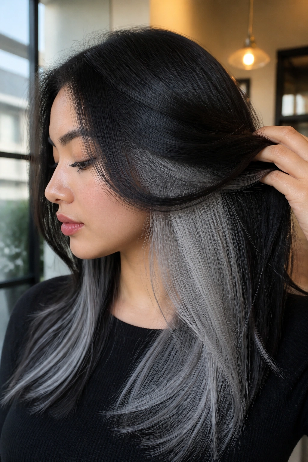 Close-up of real woman showing silver peekaboo under dark layers