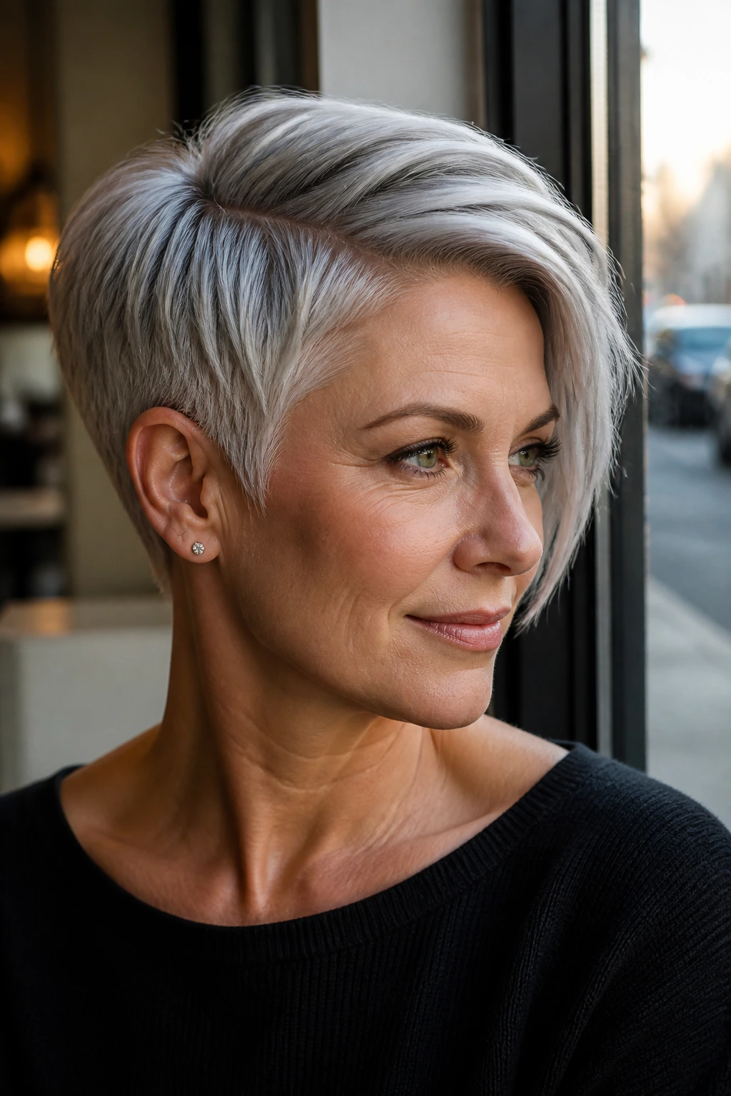 Real woman with asymmetrical silver pixie and deep part, close portrait