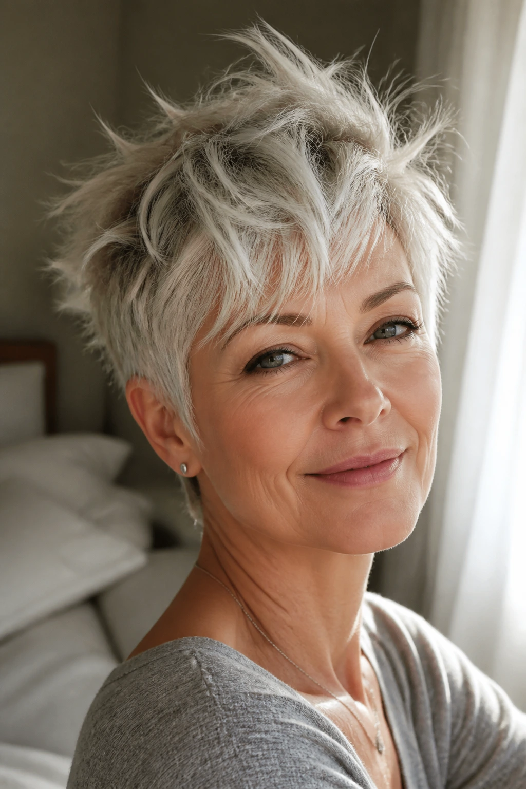 Close-up portrait of a real woman with a tousled silver pixie and bedhead texture in a cozy bedroom