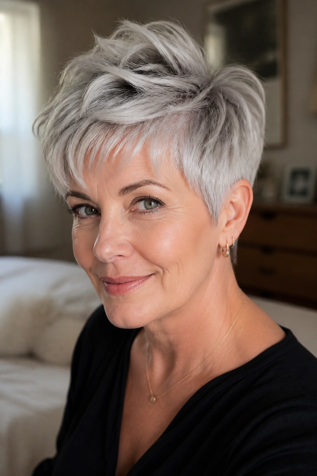 Close-up of a real woman with choppy crown-lift silver pixie cut