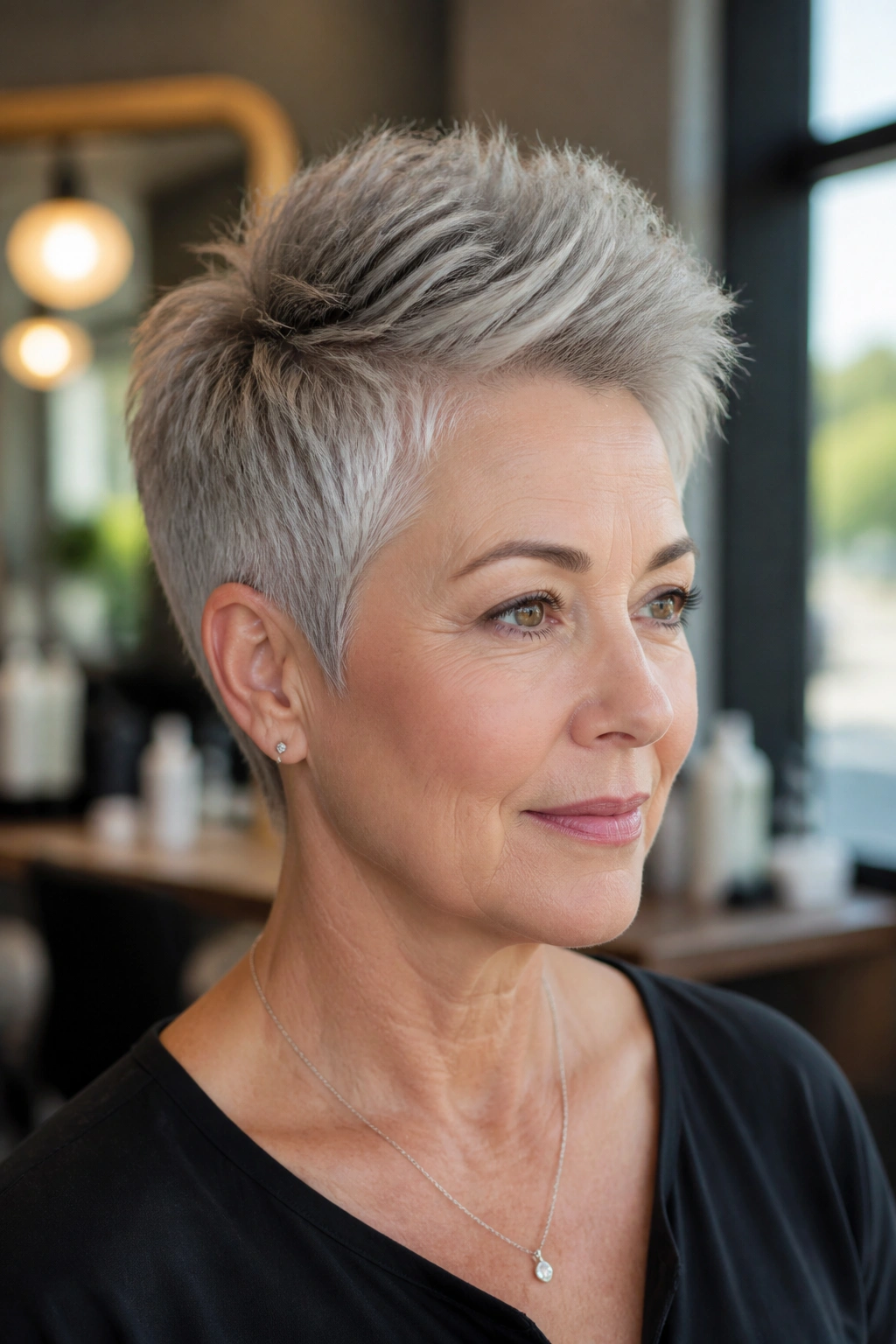 Close-up of a real person with a short silver pixie showing crown height.