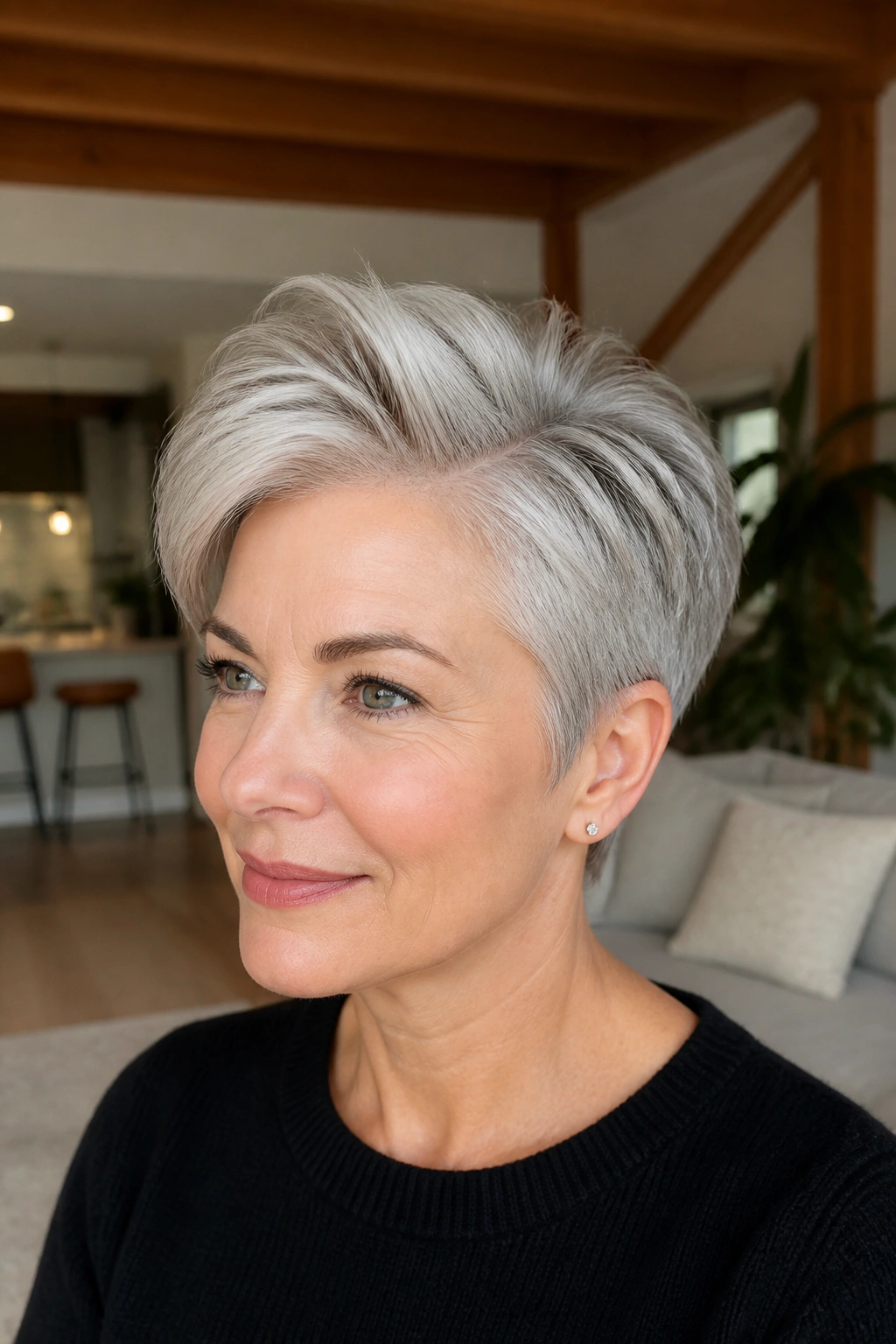 Portrait of a real woman with a side-parted silver pixie and crown height
