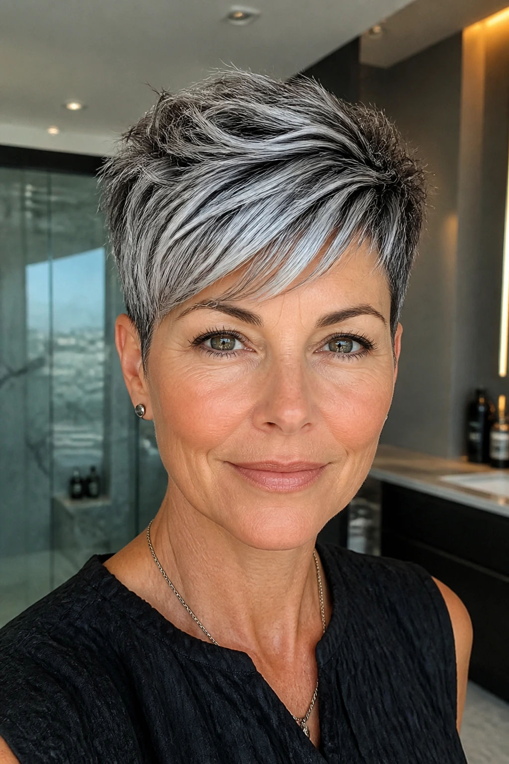 Portrait of a real person with metallic silver pixie cut and contrasting sides