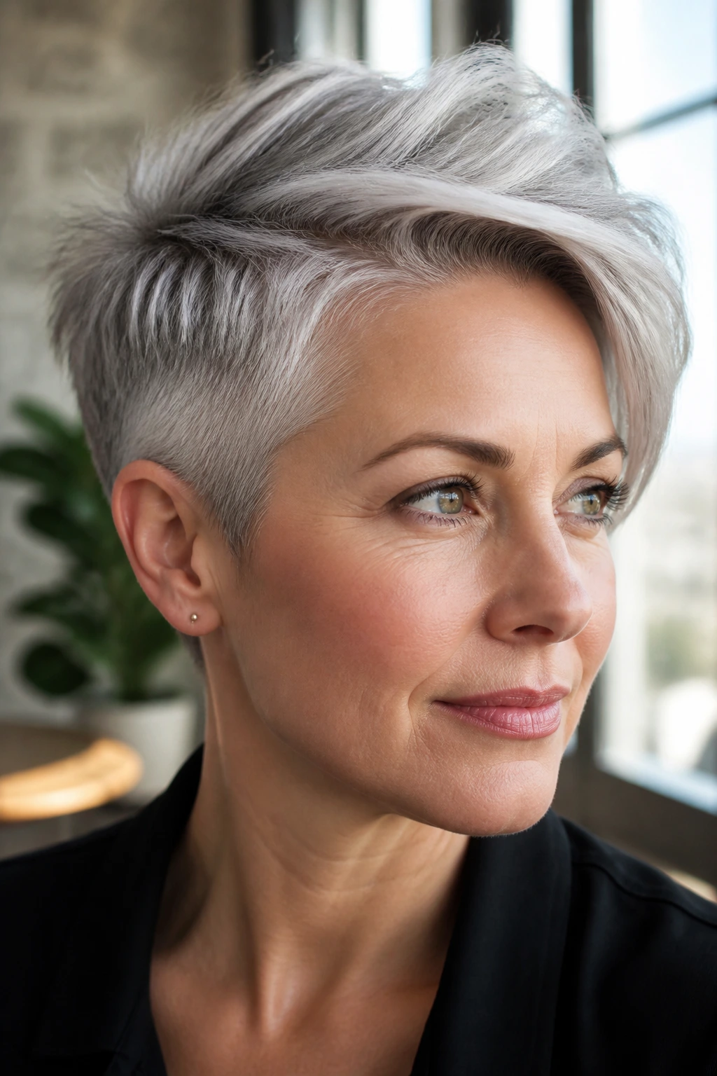 Close-up of a real woman with long-top silver pixie and short sides, portrait shot