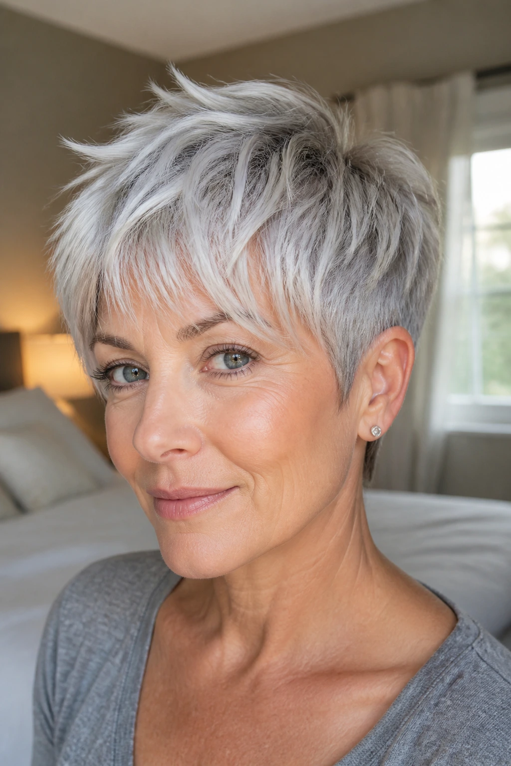 Close-up of a real woman with a piecey silver pixie and micro-layers, portrait view