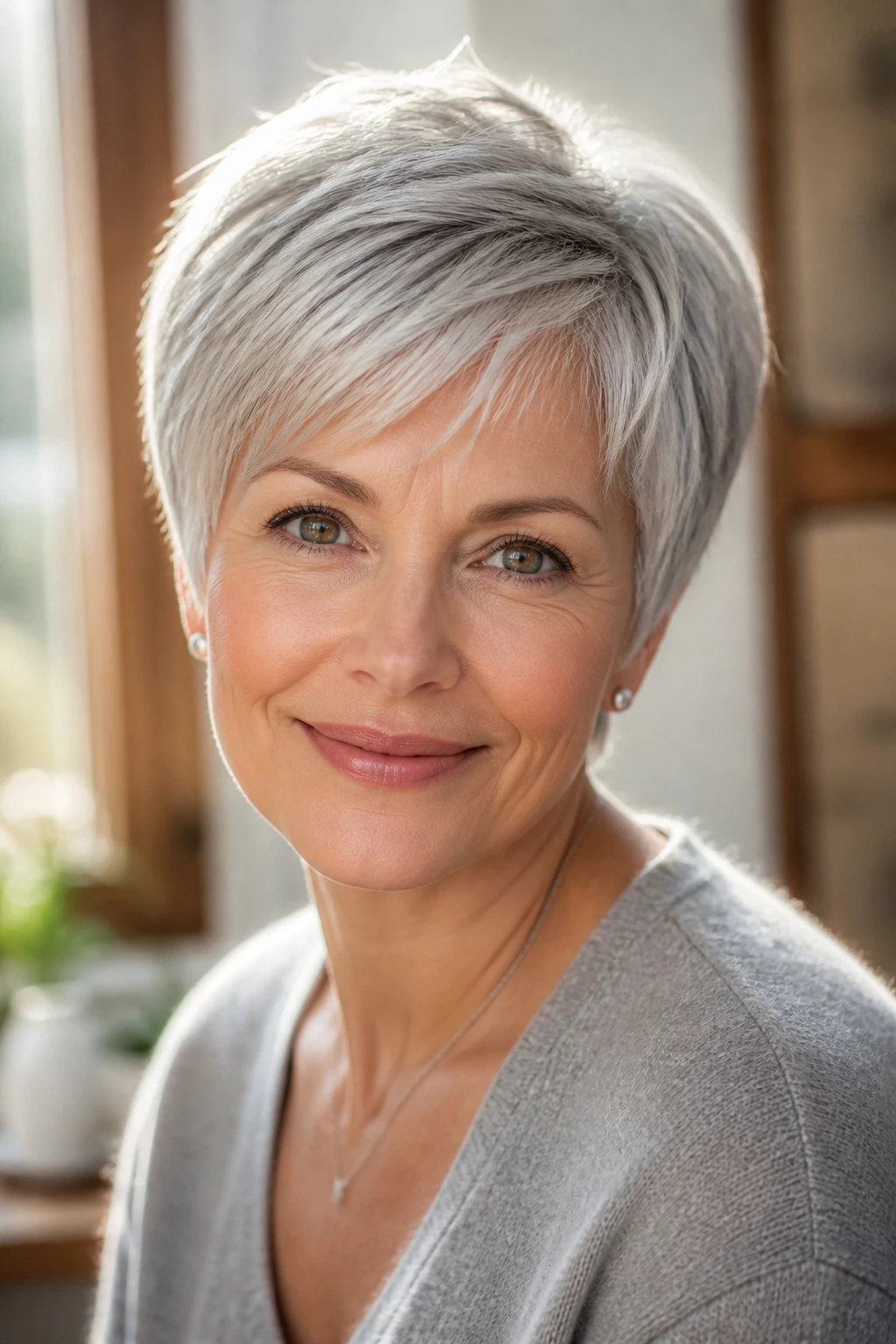 Real woman with rounded silver pixie and soft halo, portrait