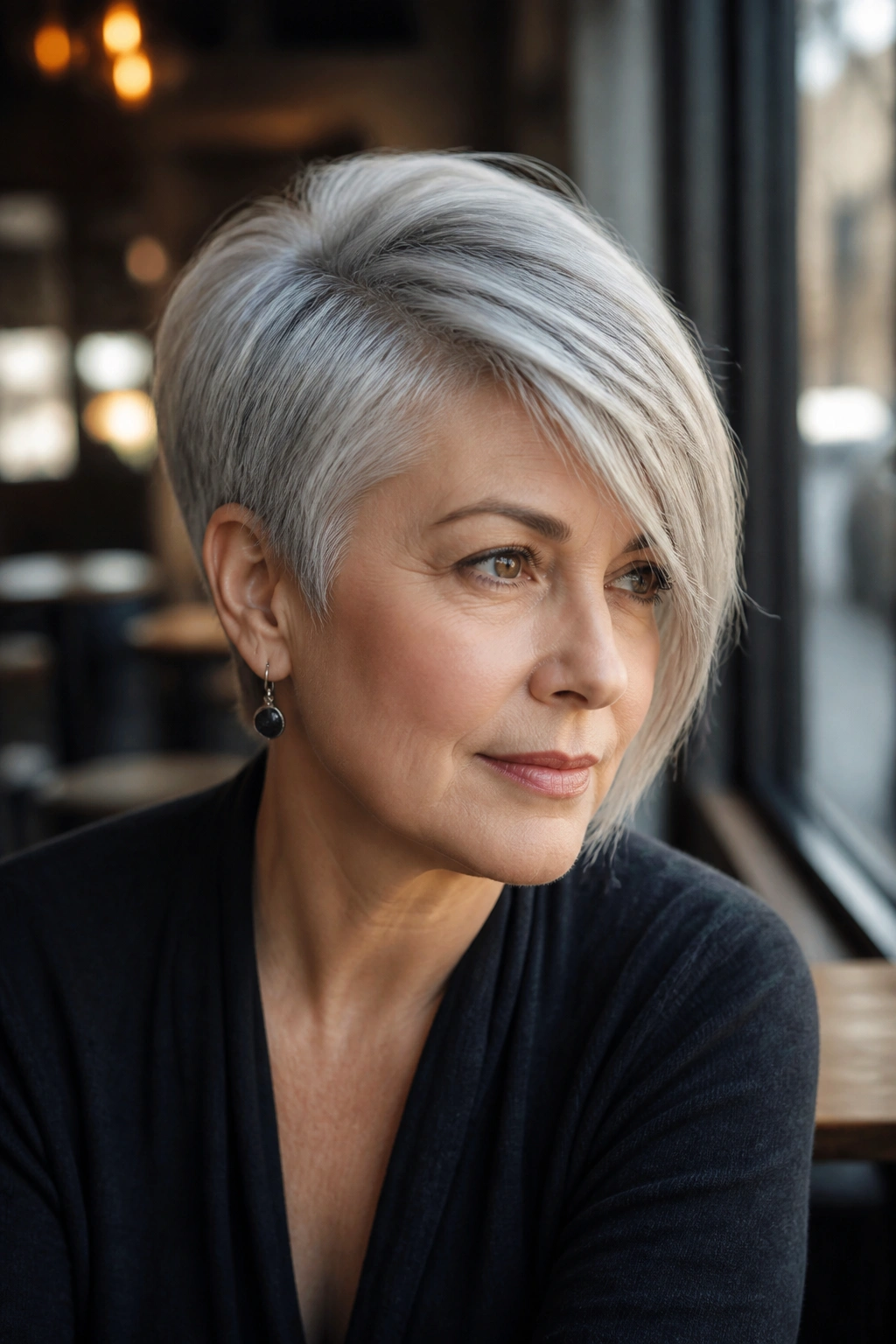Portrait of a real person with side-swept long fringe silver pixie
