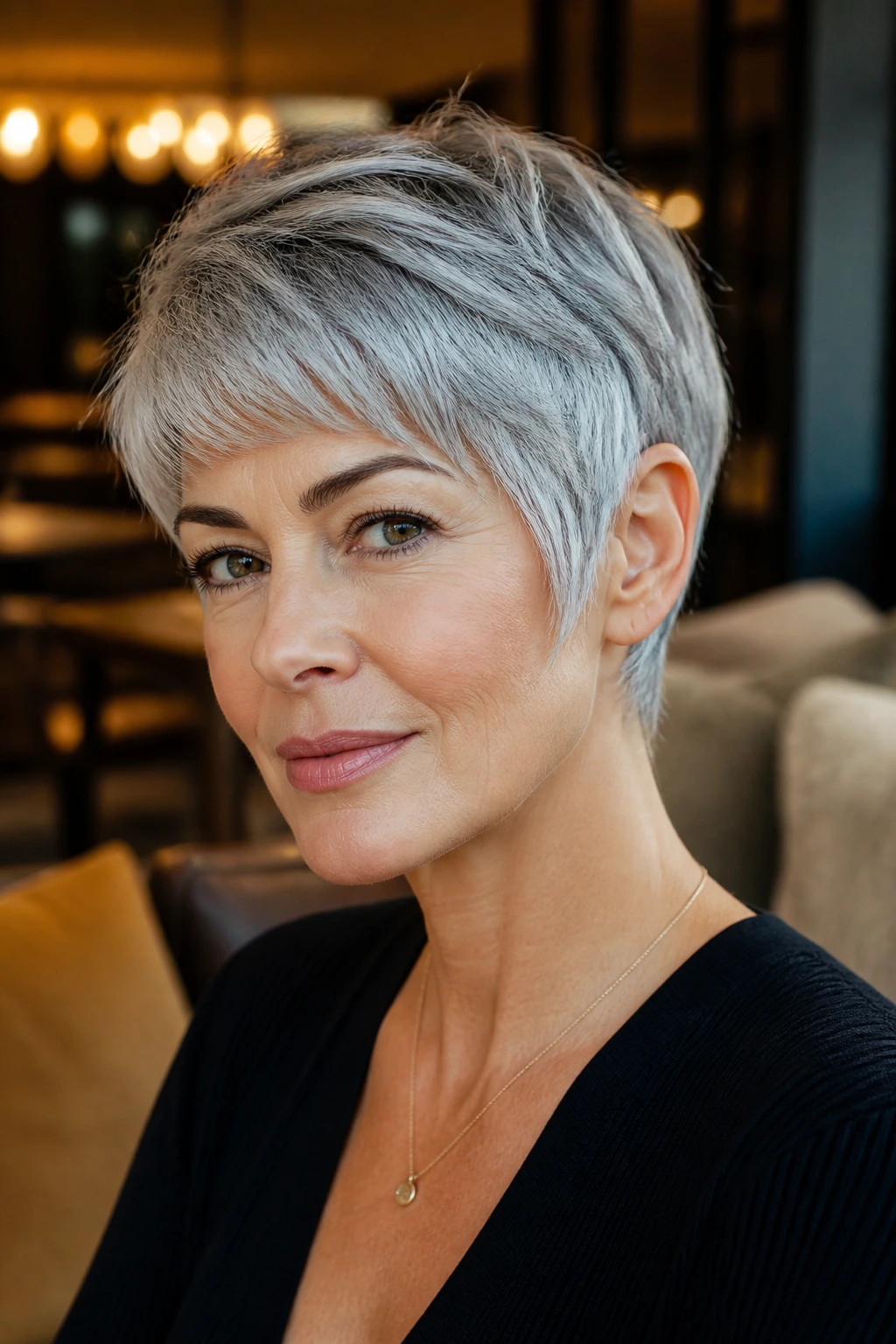 Portrait of a woman with a silver pixie and soft sideburns in warm indoor lighting