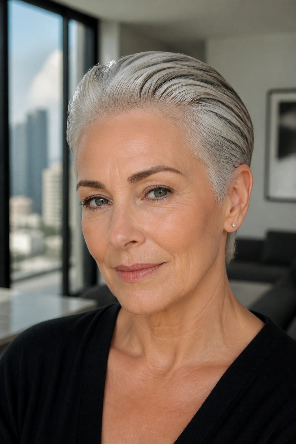 Real woman with sleek silver pixie slicked back, portrait shot