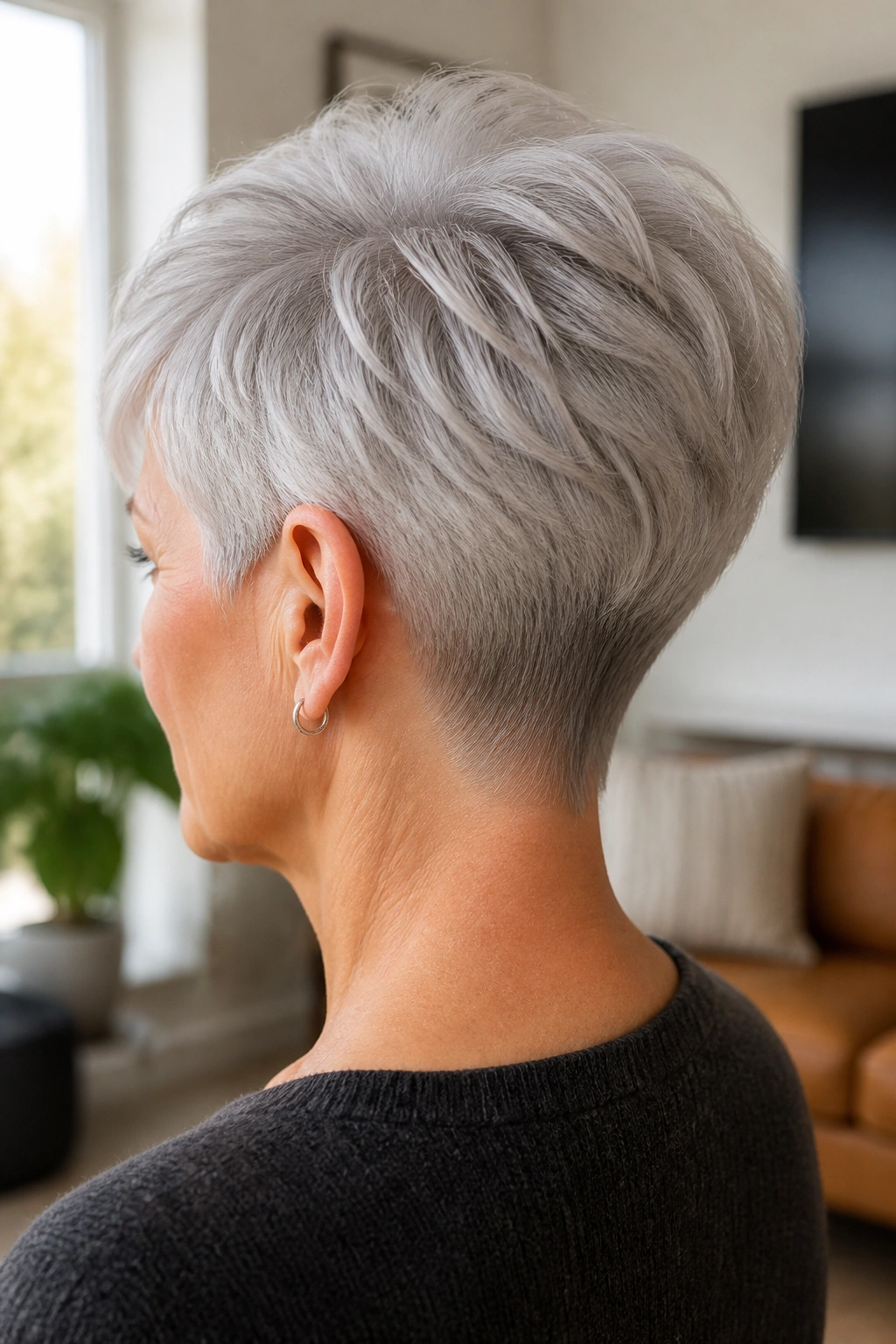 Portrait of a real person with a tapered silver pixie and clean nape