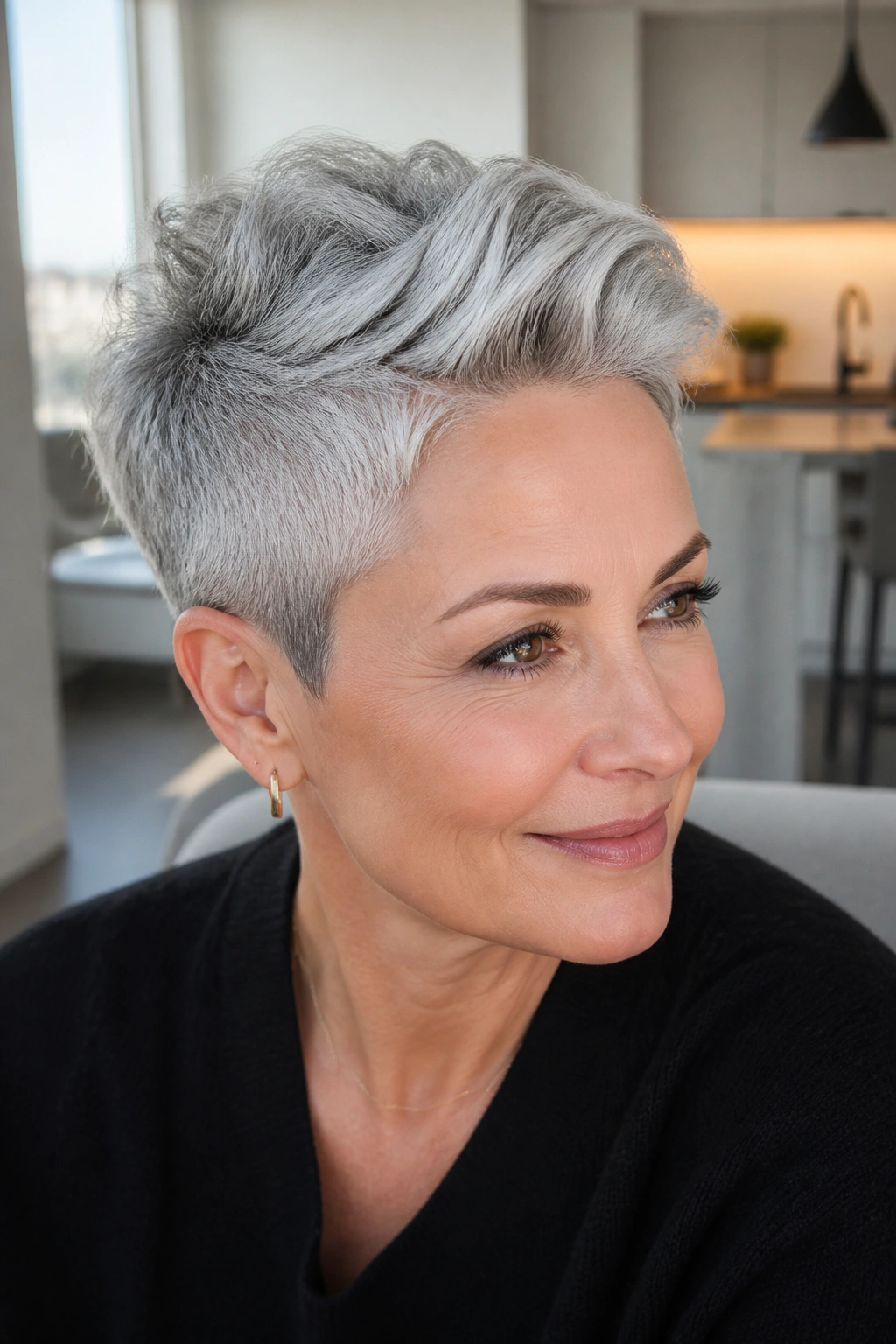 Close-up of a real person with a silver fox pixie and tapered sides.
