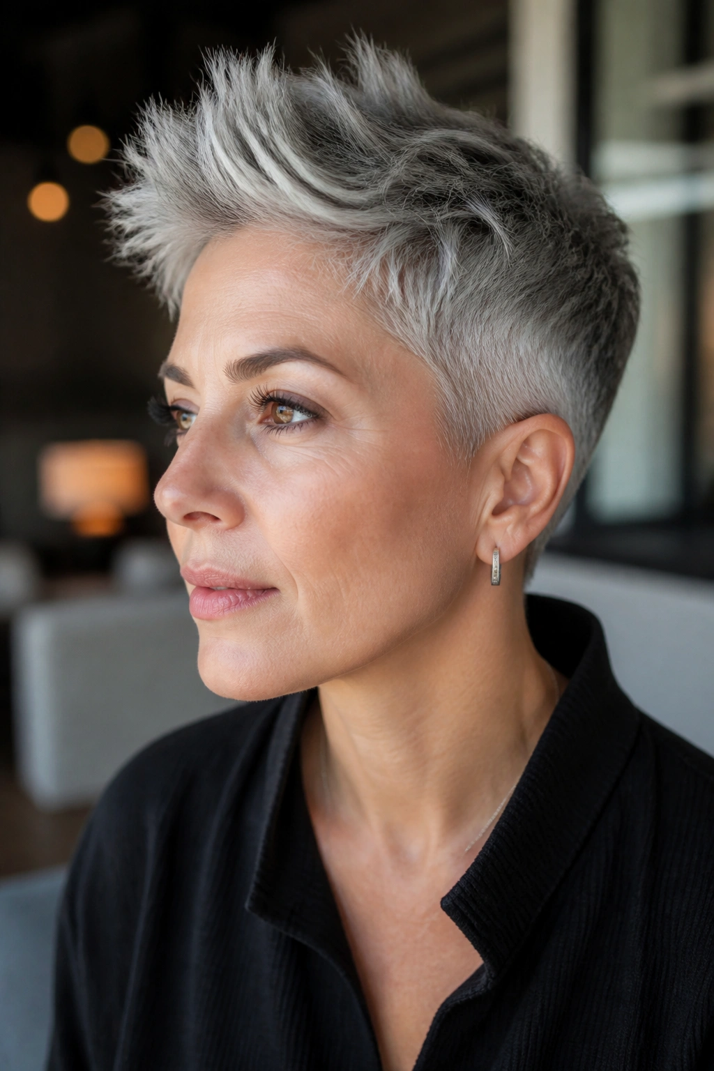 Close-up of a real person with a silver pixie and tapered sides.