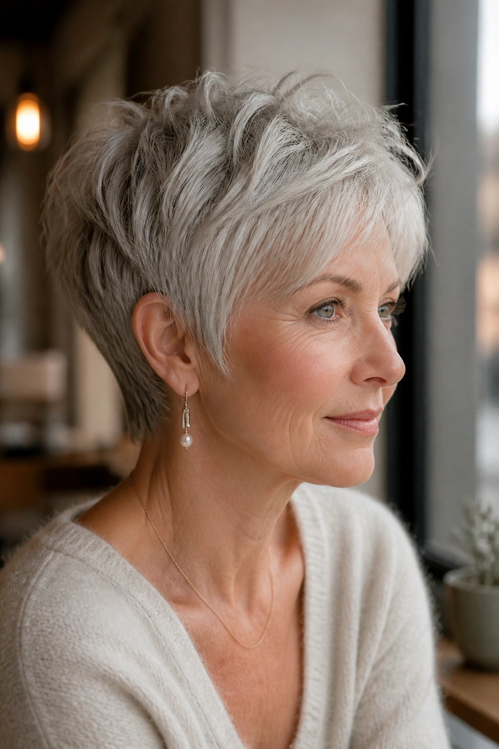 Close-up portrait of a real person with wispy silver pixie and soft stack