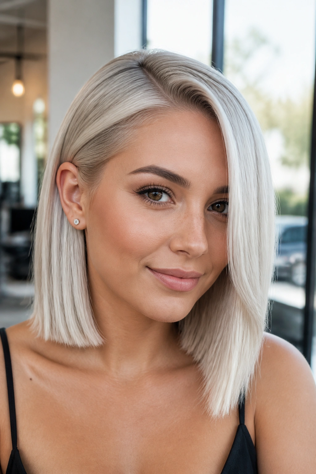 Close-up of a real woman with shoulder-length silver platinum lob and side part
