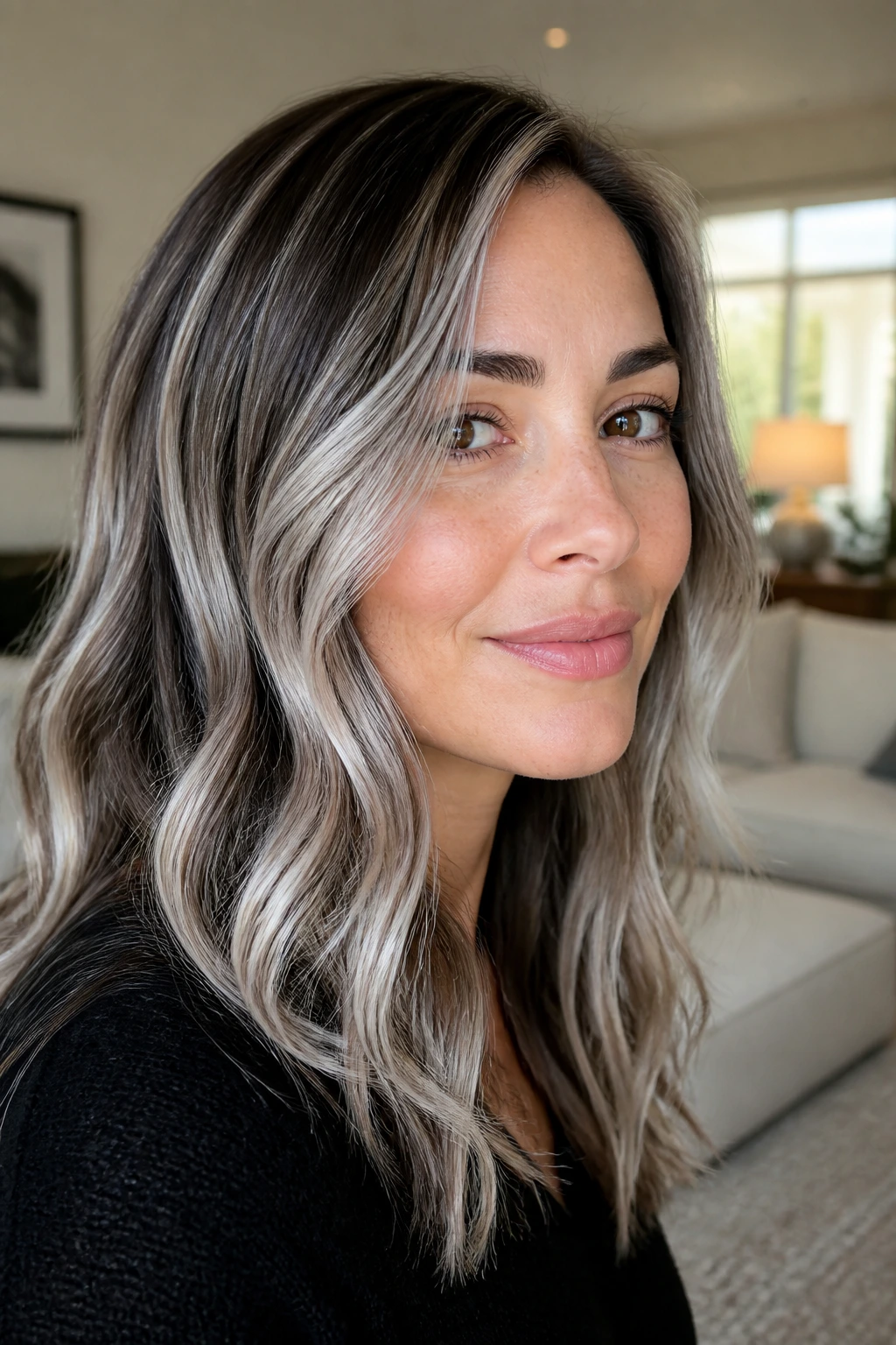 Close-up portrait of a real woman with silver-platinum highlights and pearl finish on brown hair in soft window light