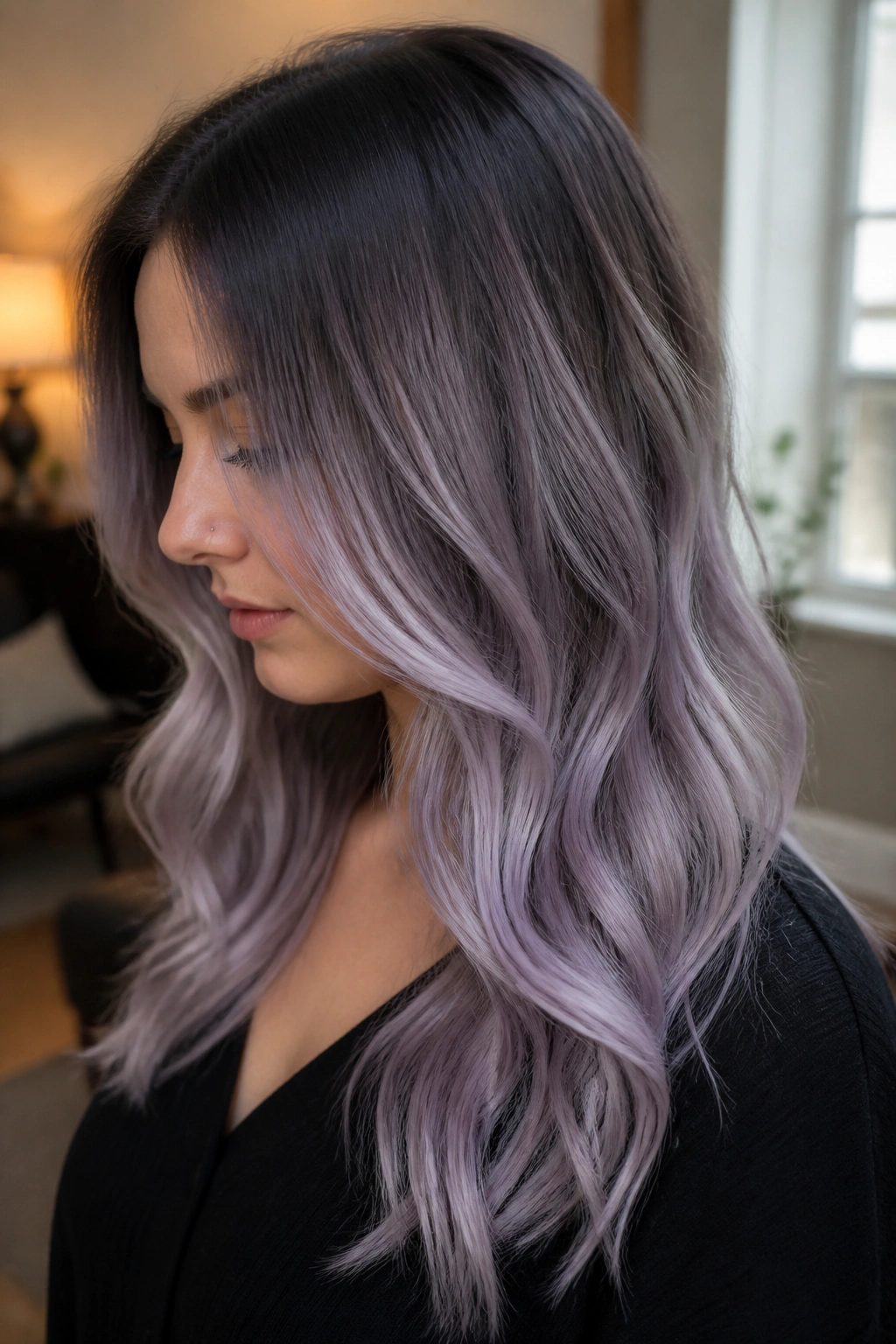 Close-up portrait of a real woman with silver plum gradient hair