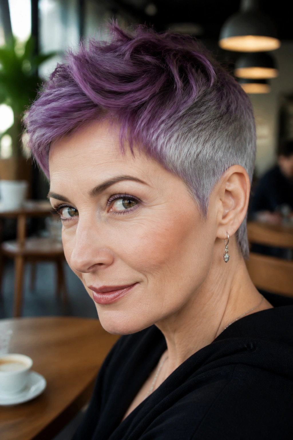 Close-up portrait of a real person with a silver plum pixie haircut in bright cafe light
