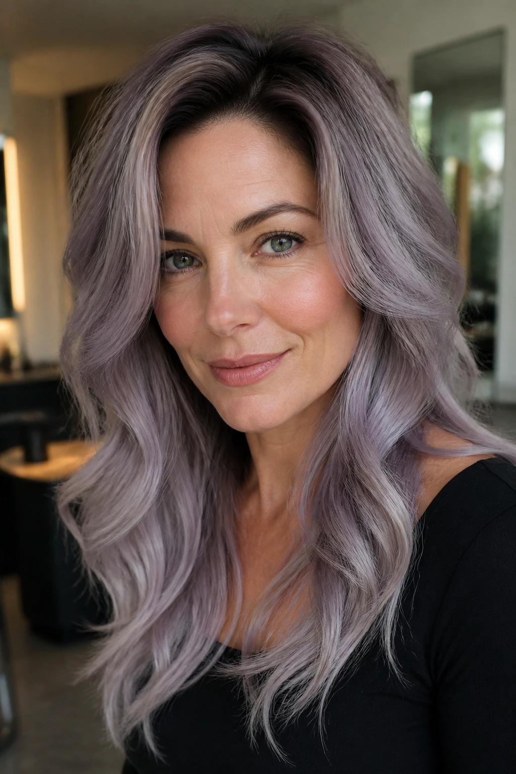Close-up of a woman with a silver plum shadow root