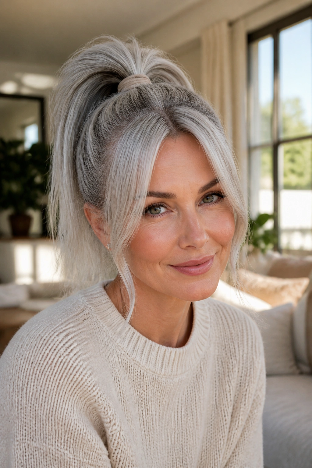 Portrait of a real person with a high silver ponytail and face-framing strands in bright room