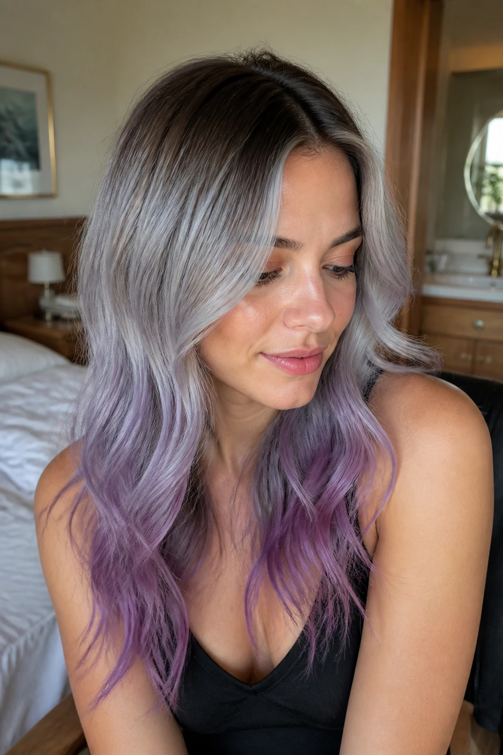 Real woman with soft silver purple melt showing gradual grow-out.
