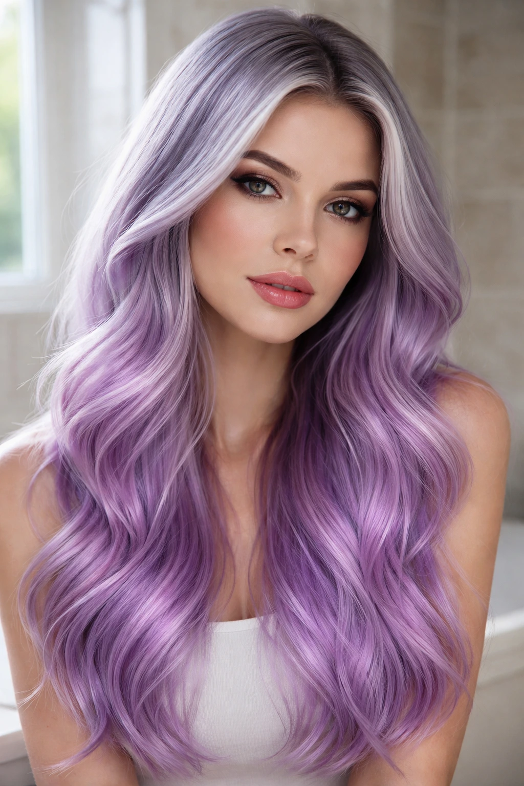 Close-up of a real person with silver-to-purple ombre hair in morning light.
