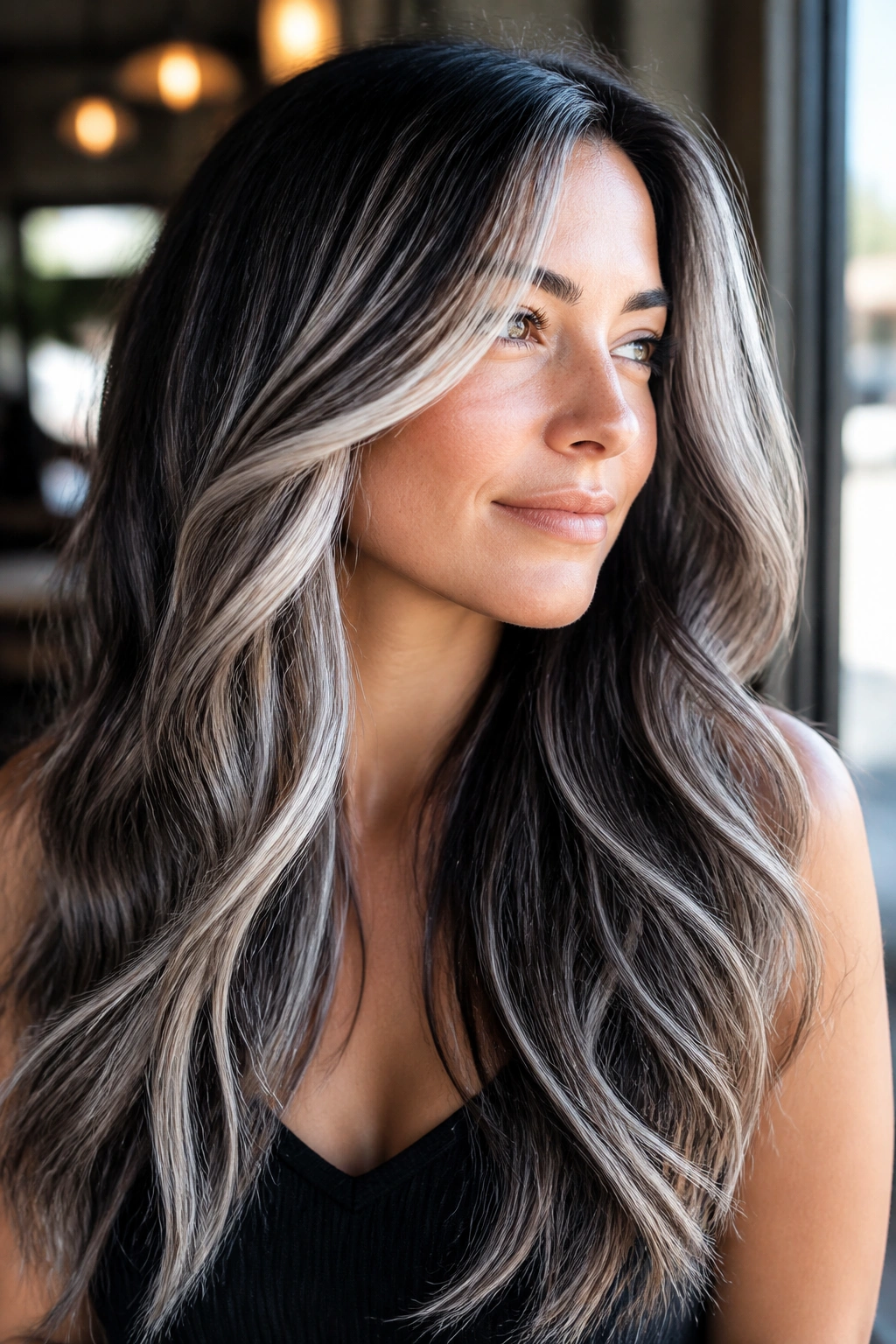 Close-up of a real woman with silver ribbon balayage through long layered hair