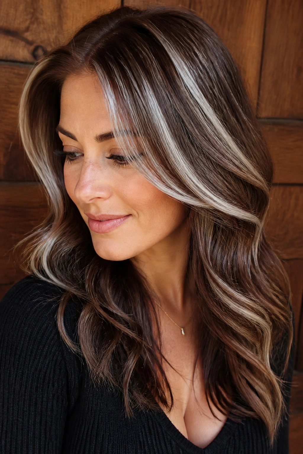 Close-up portrait of a woman with chestnut base and silver ribbon highlights