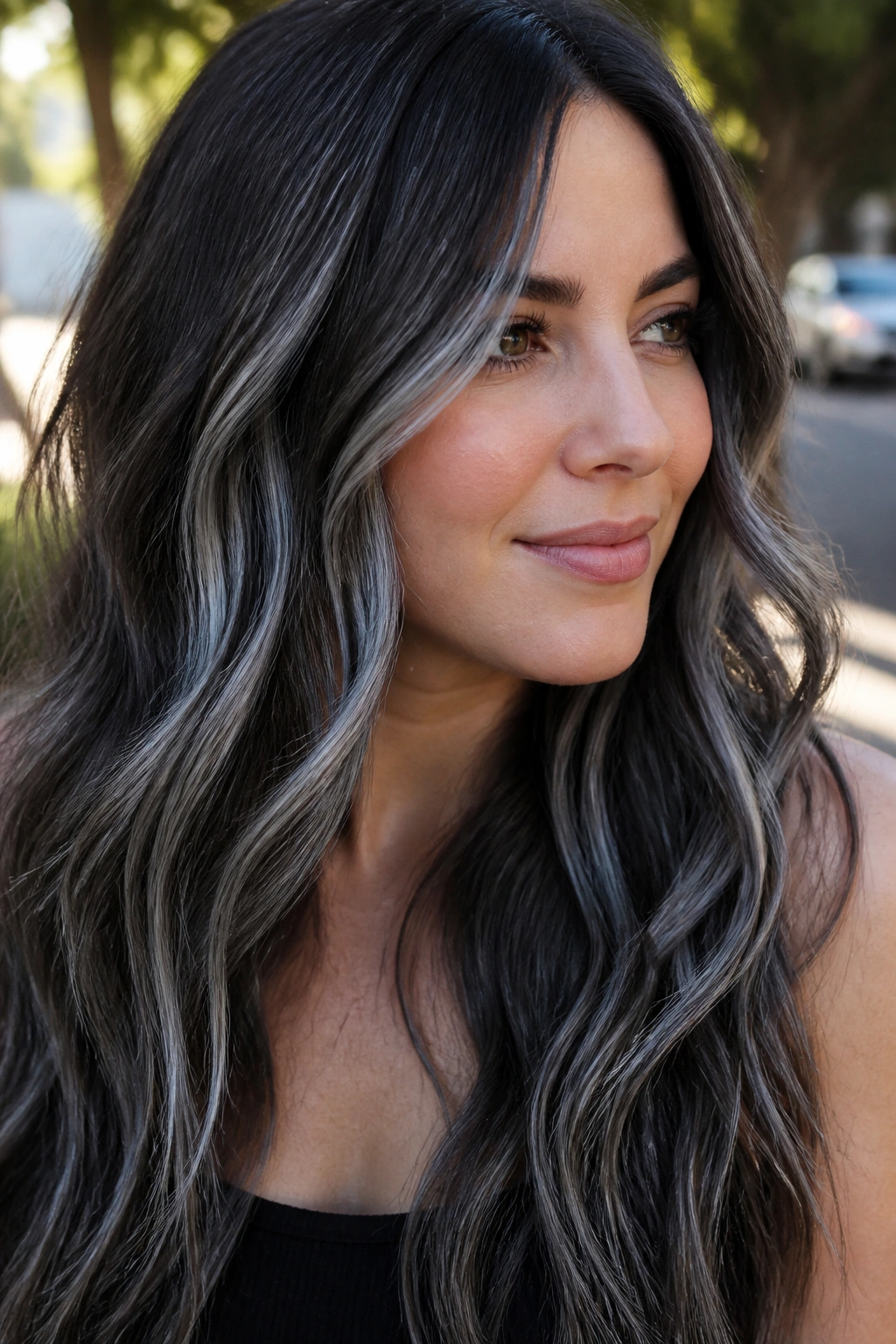 Real woman with long waves and spaced silver ribbon highlights below the cheekbone