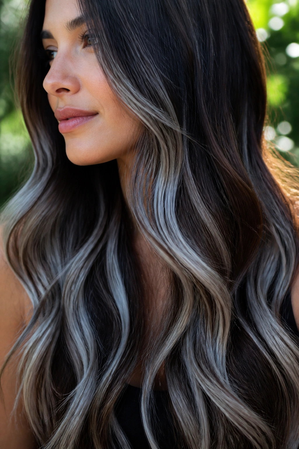 Real woman with long brunette hair showing chunky silver ribbons through lower lengths in a sunlit outdoor setting