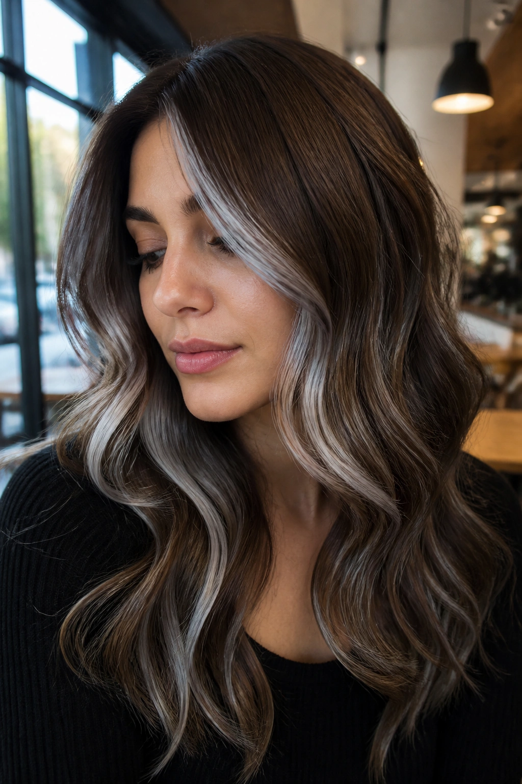 Close-up portrait of chestnut hair with cool silver ribbons woven through the waves