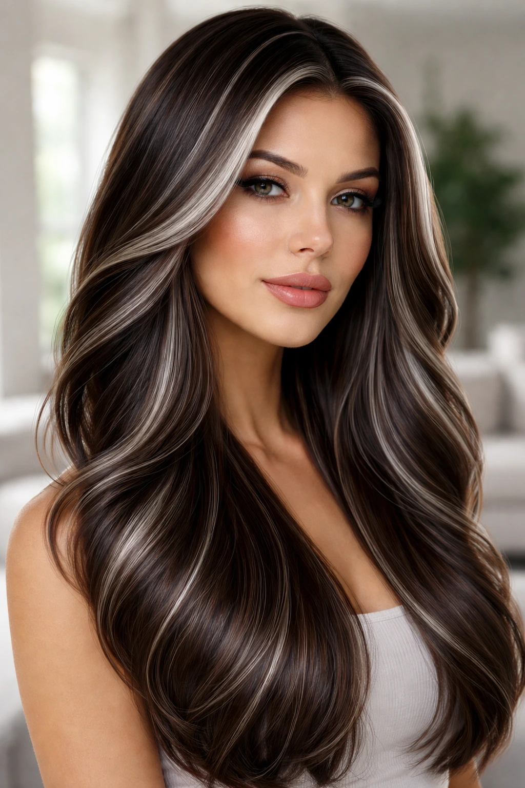 Portrait of person with cocoa hair featuring silver ribbon highlights