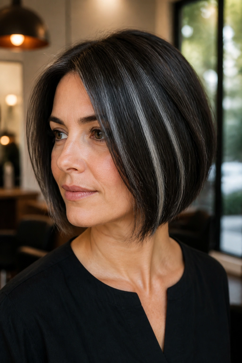 Close-up of brunette bob with silver ribbon highlights on dark base