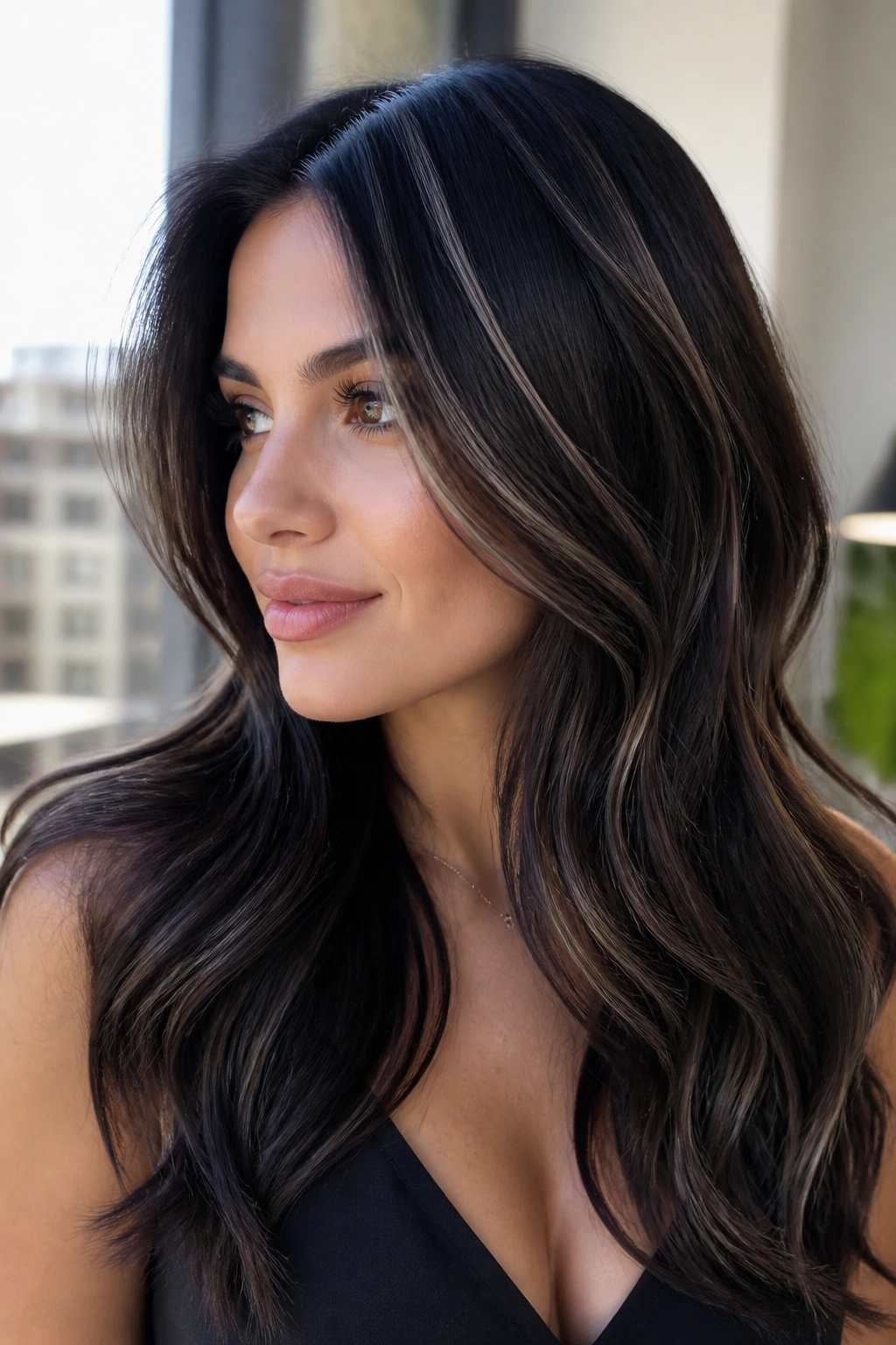 Espresso brown hair with silver ribbons in a close-up portrait